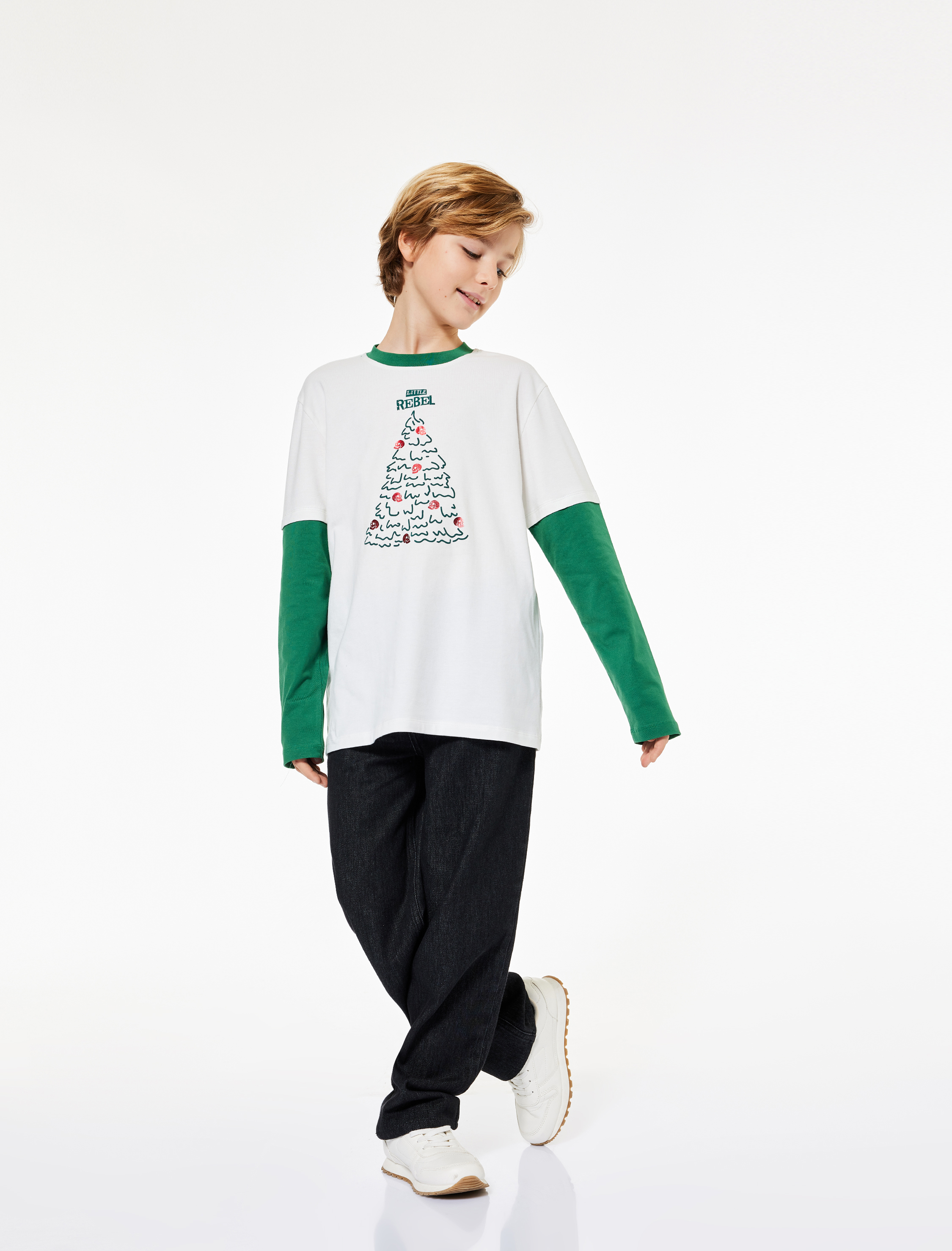  Erkek Çocuk Yılbaşı Ağacı Baskılı Uzun Kollu Bisiklet Yaka Tişört