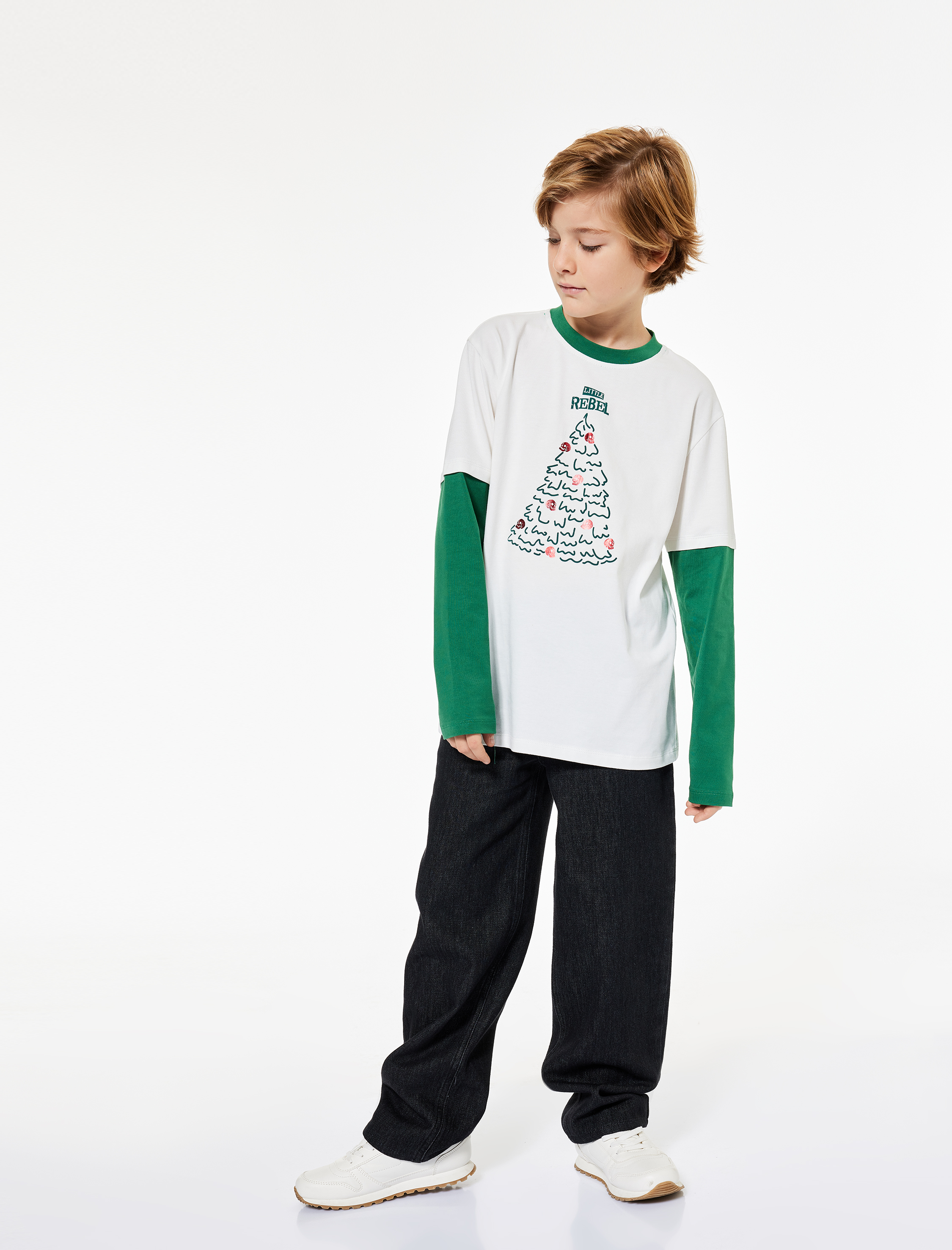  Erkek Çocuk Yılbaşı Ağacı Baskılı Uzun Kollu Bisiklet Yaka Tişört