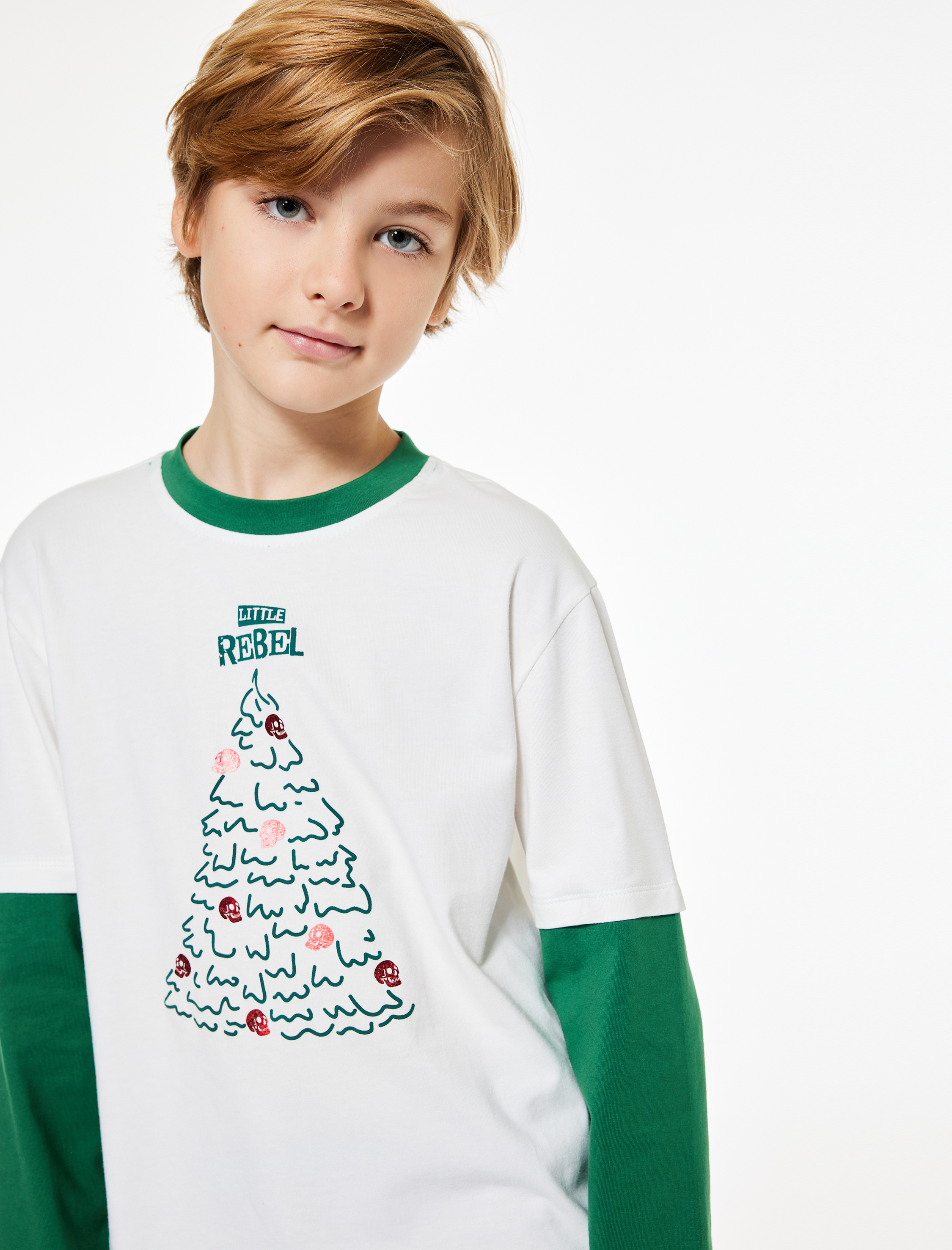  Erkek Çocuk Yılbaşı Ağacı Baskılı Uzun Kollu Bisiklet Yaka Tişört