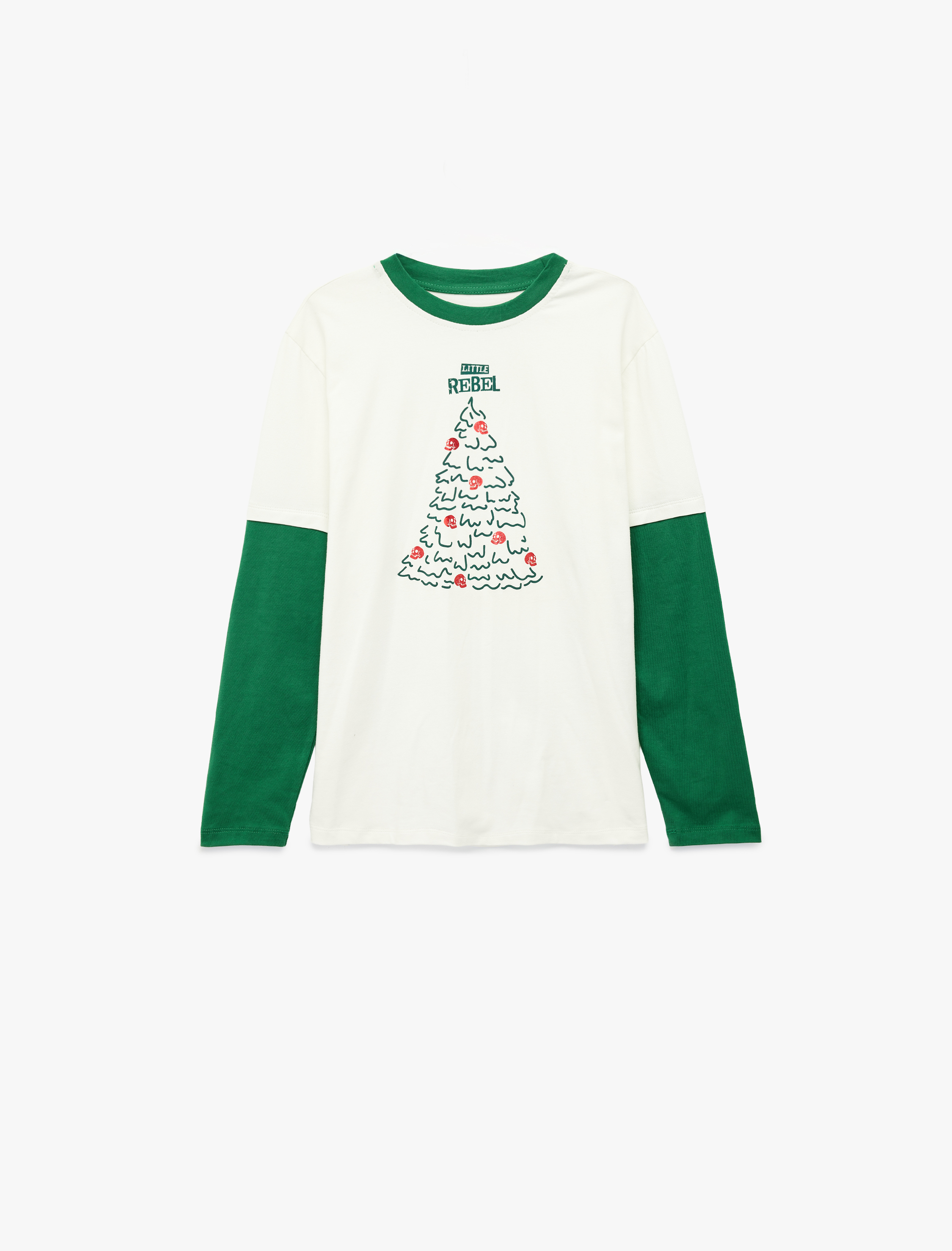  Erkek Çocuk Yılbaşı Ağacı Baskılı Uzun Kollu Bisiklet Yaka Tişört