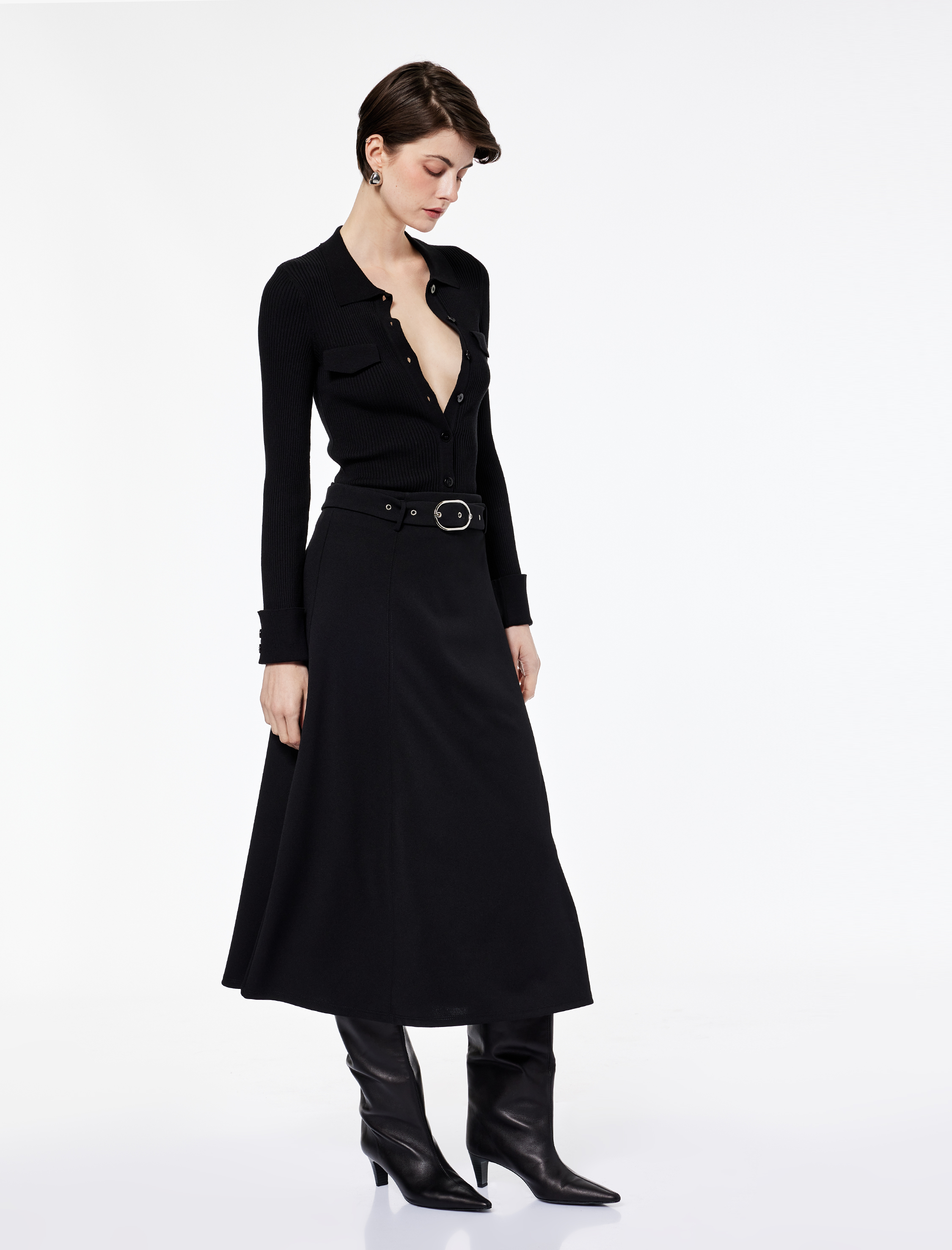 Krep Scuba Kumaş Kemer Detaylı Midi Kloş Etek