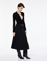 Krep Scuba Kumaş Kemer Detaylı Midi Kloş Etek