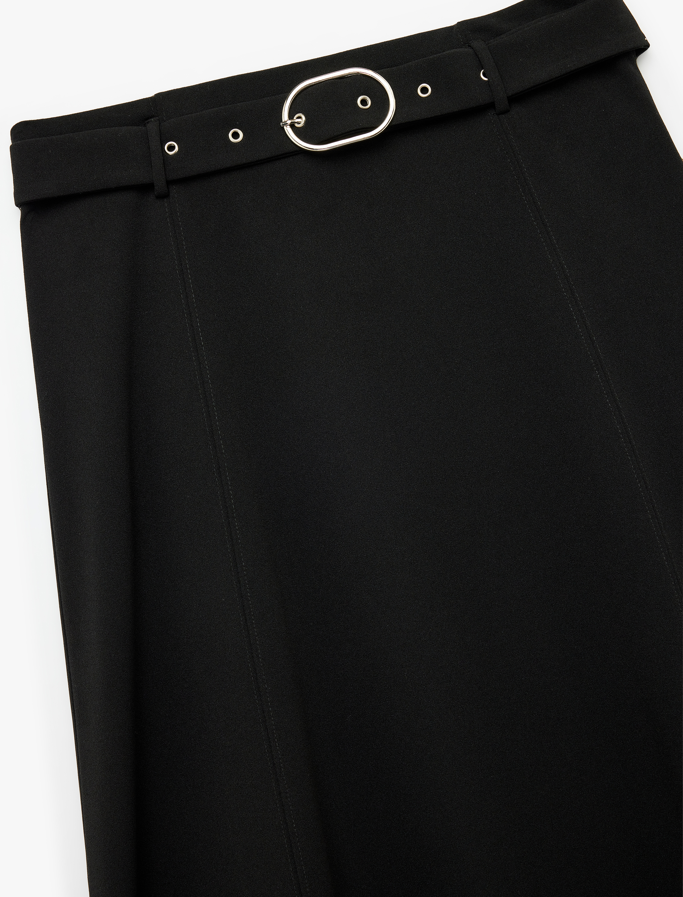 Krep Scuba Kumaş Kemer Detaylı Midi Kloş Etek