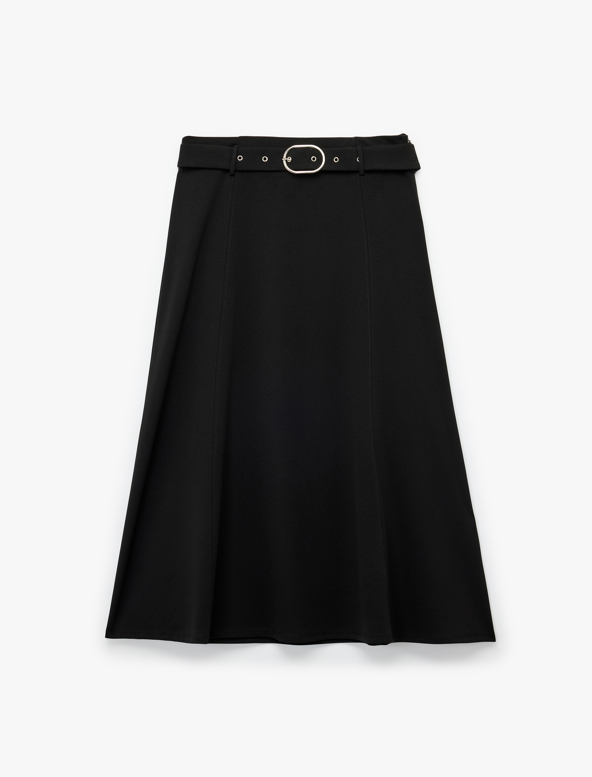 Krep Scuba Kumaş Kemer Detaylı Midi Kloş Etek