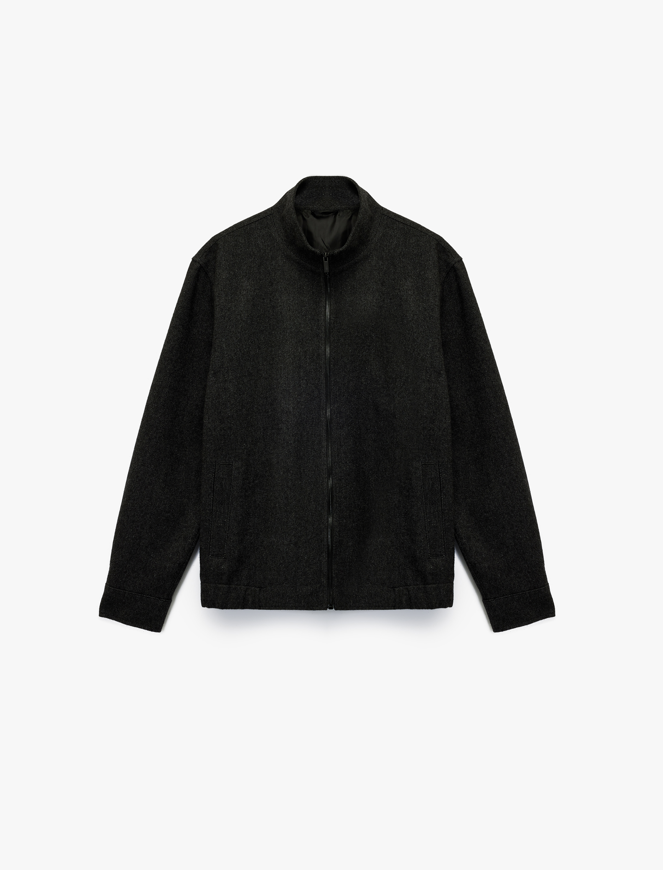   Uzun Kollu Slim Fit Cepli Dik Yaka Fermuarlı Kaşe Spor Ceket