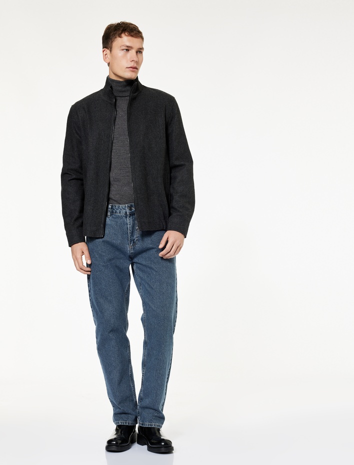  Uzun Kollu Slim Fit Cepli Dik Yaka Fermuarlı Kaşe Spor Ceket