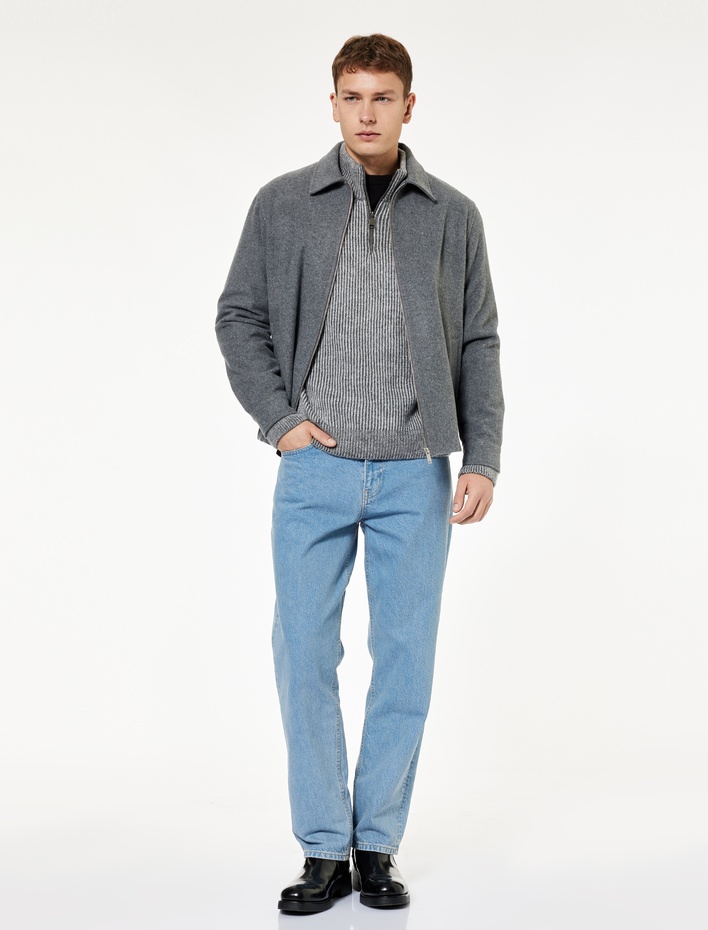  Slim Fit Uzun Kollu Klasik Yaka Fermuarlı Kaşe Gömlek Ceket