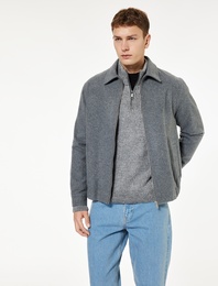 Slim Fit Uzun Kollu Klasik Yaka Fermuarlı Kaşe Gömlek Ceket
