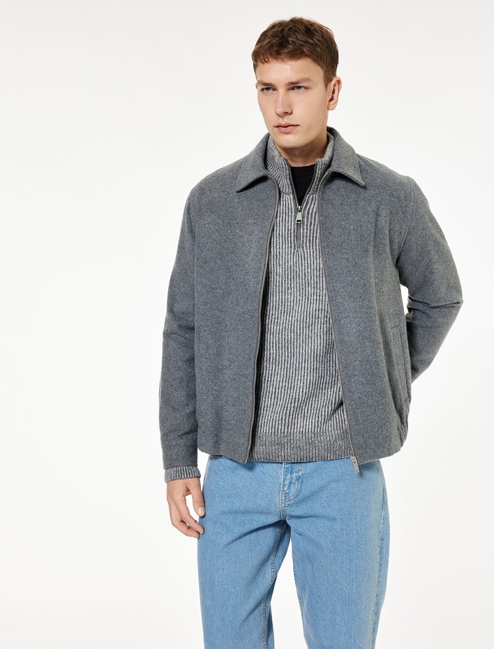  Slim Fit Uzun Kollu Klasik Yaka Fermuarlı Kaşe Gömlek Ceket