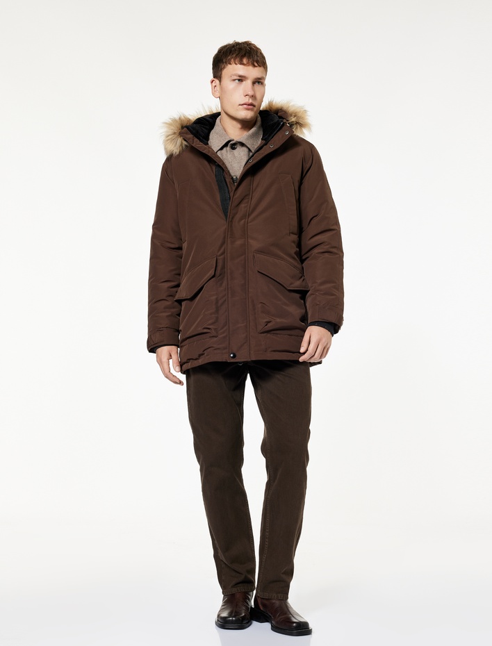  Uzun Kollu Kapaklı Cepli Suni Kürklü Kapşonlu Parka