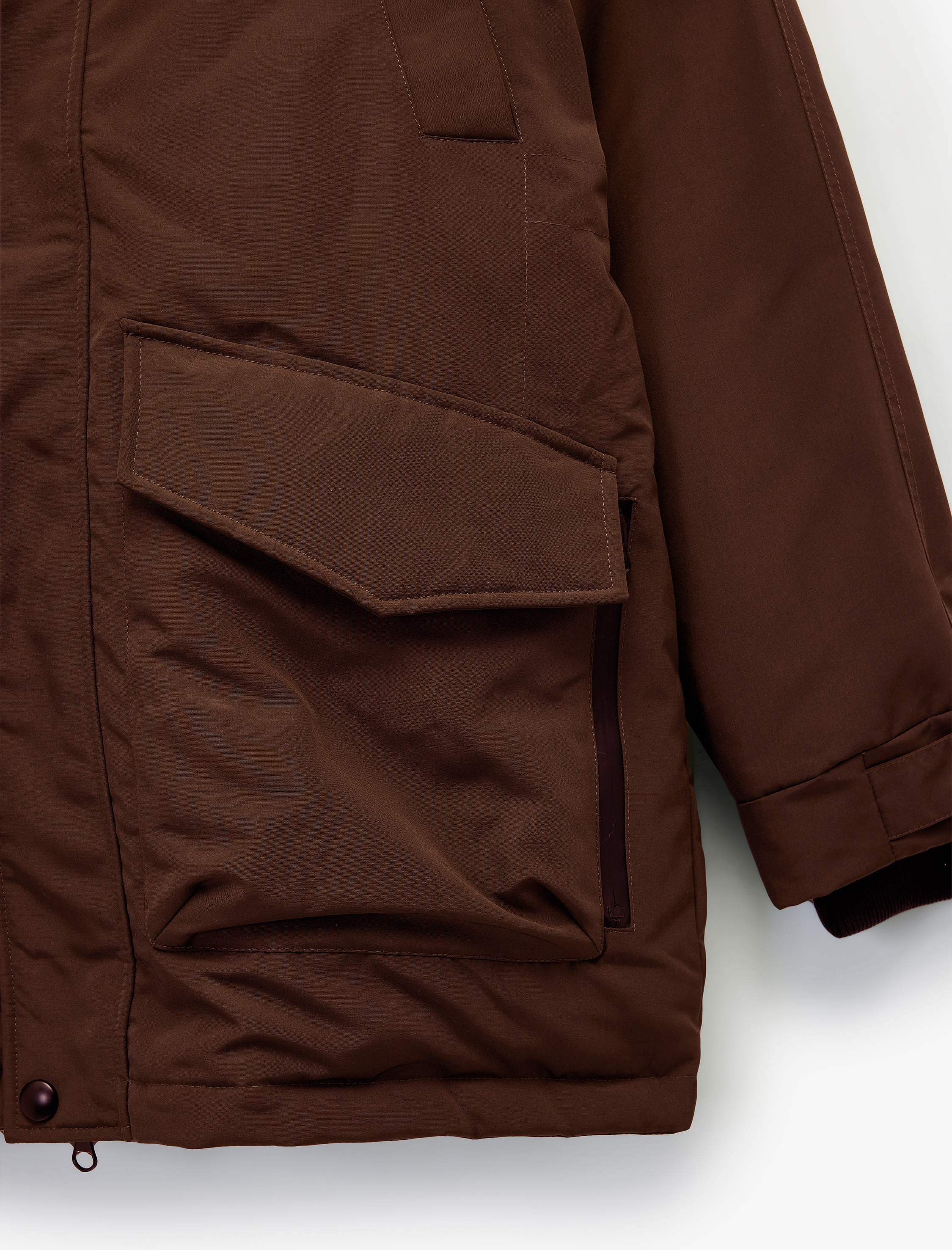   Uzun Kollu Kapaklı Cepli Suni Kürklü Kapşonlu Parka