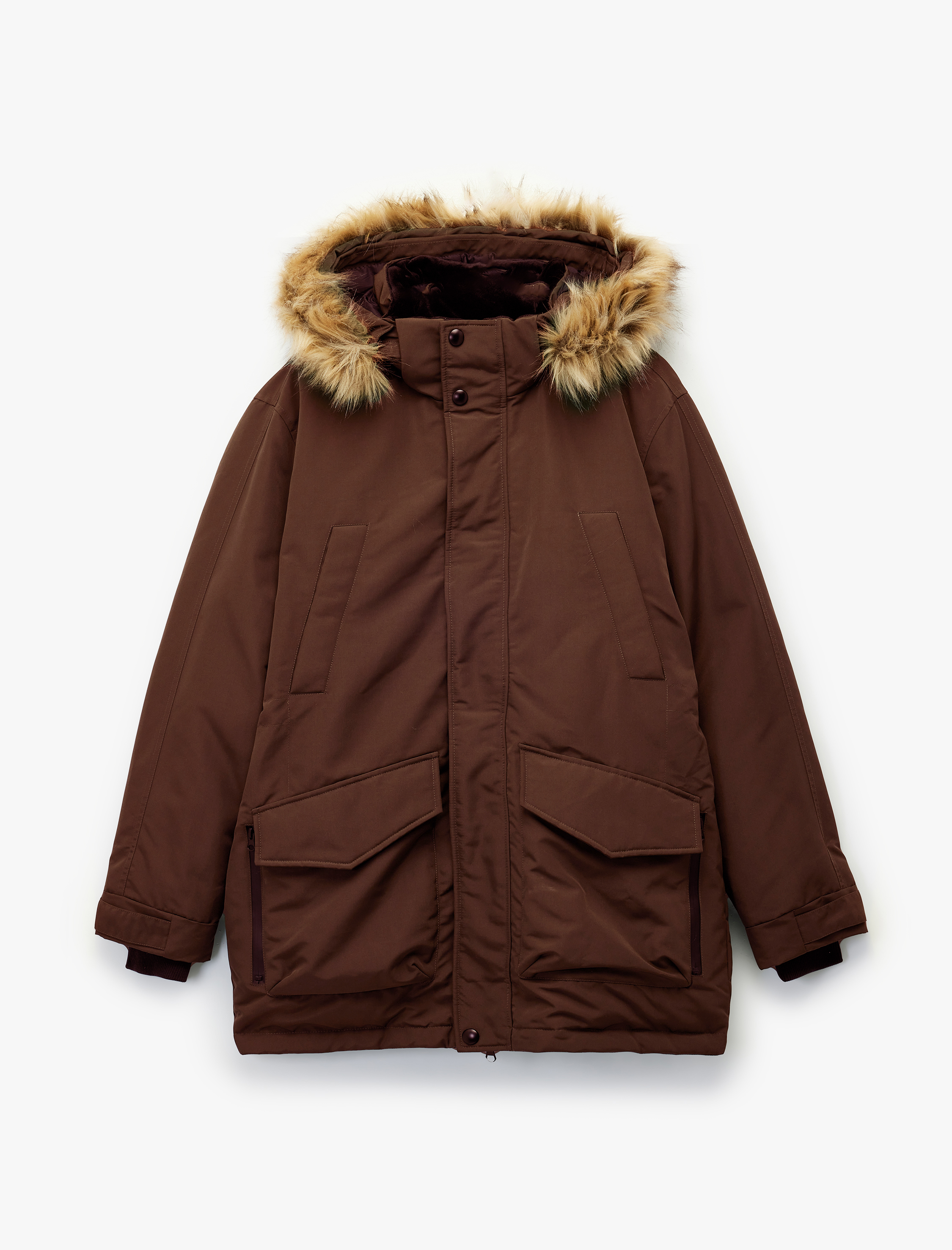   Uzun Kollu Kapaklı Cepli Suni Kürklü Kapşonlu Parka