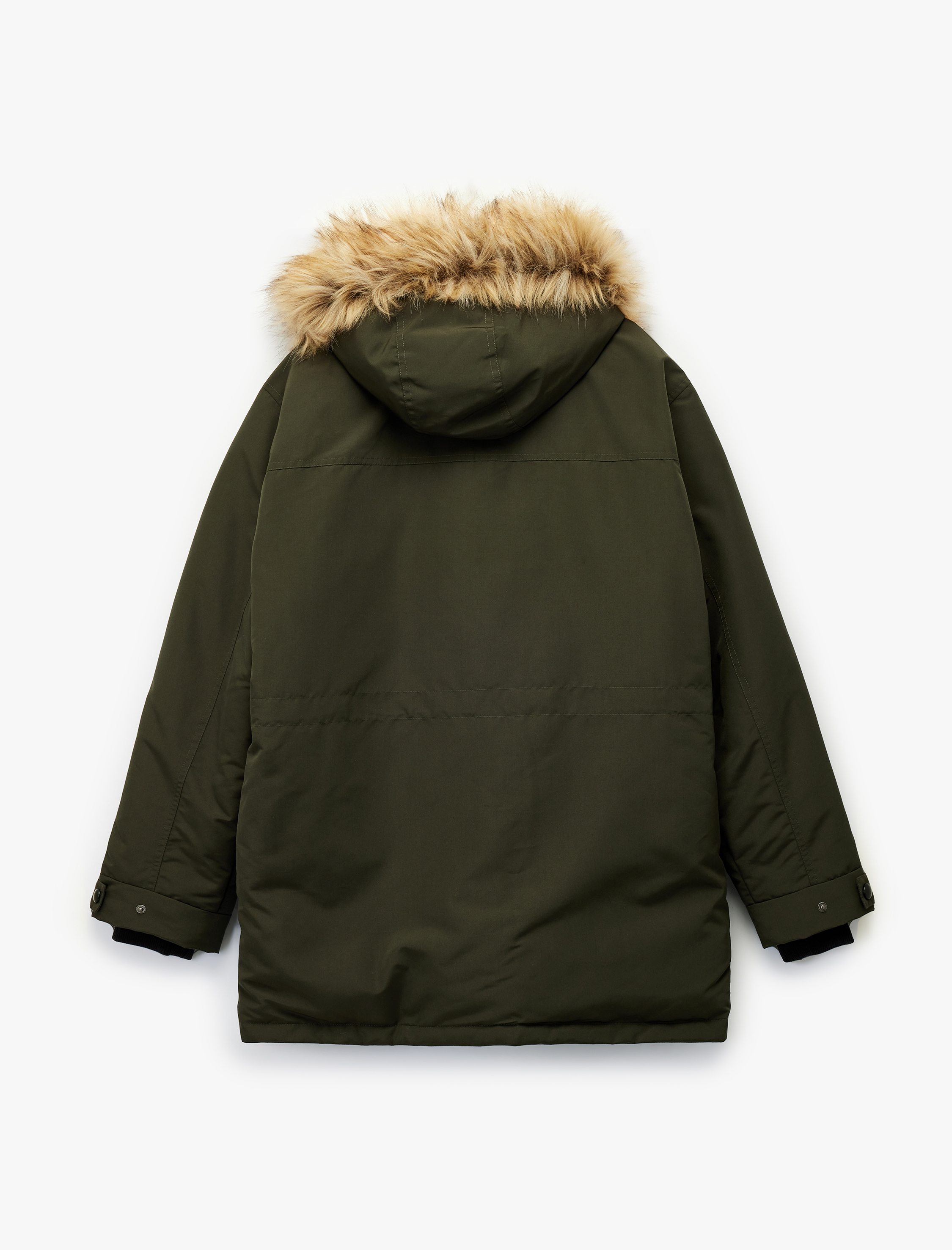   Uzun Kollu Kapaklı Cepli Suni Kürklü Kapşonlu Parka