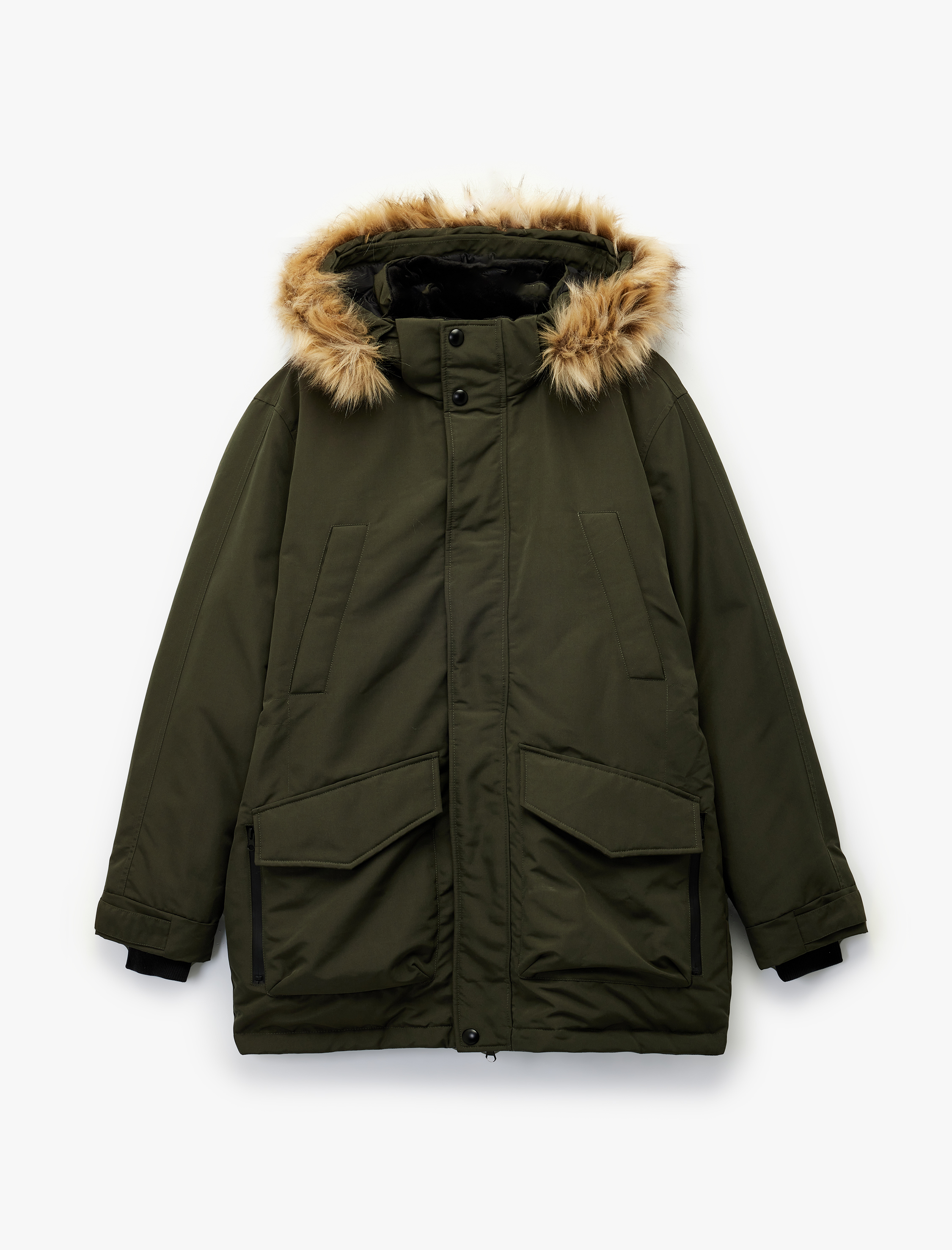   Uzun Kollu Kapaklı Cepli Suni Kürklü Kapşonlu Parka