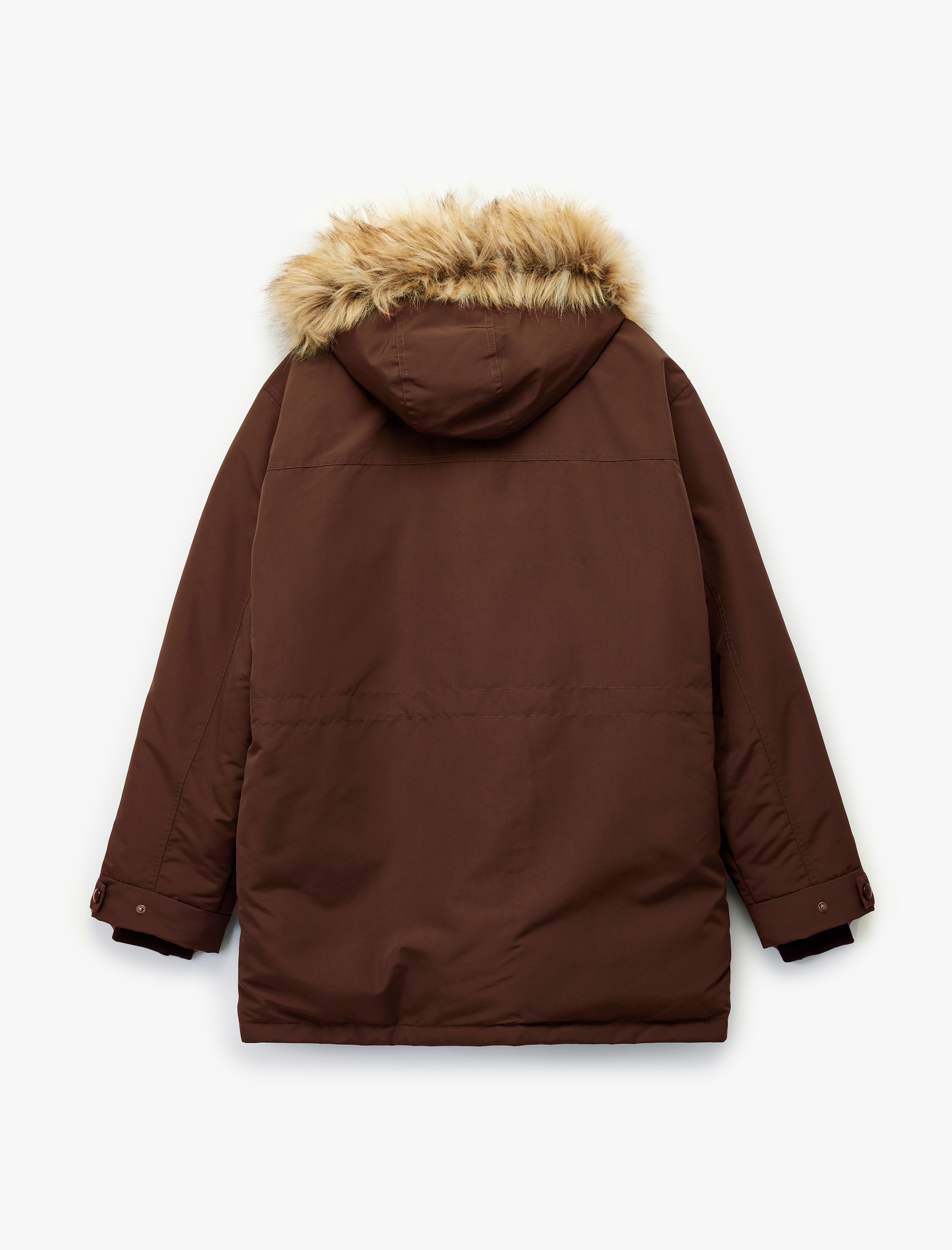   Uzun Kollu Kapaklı Cepli Suni Kürklü Kapşonlu Parka