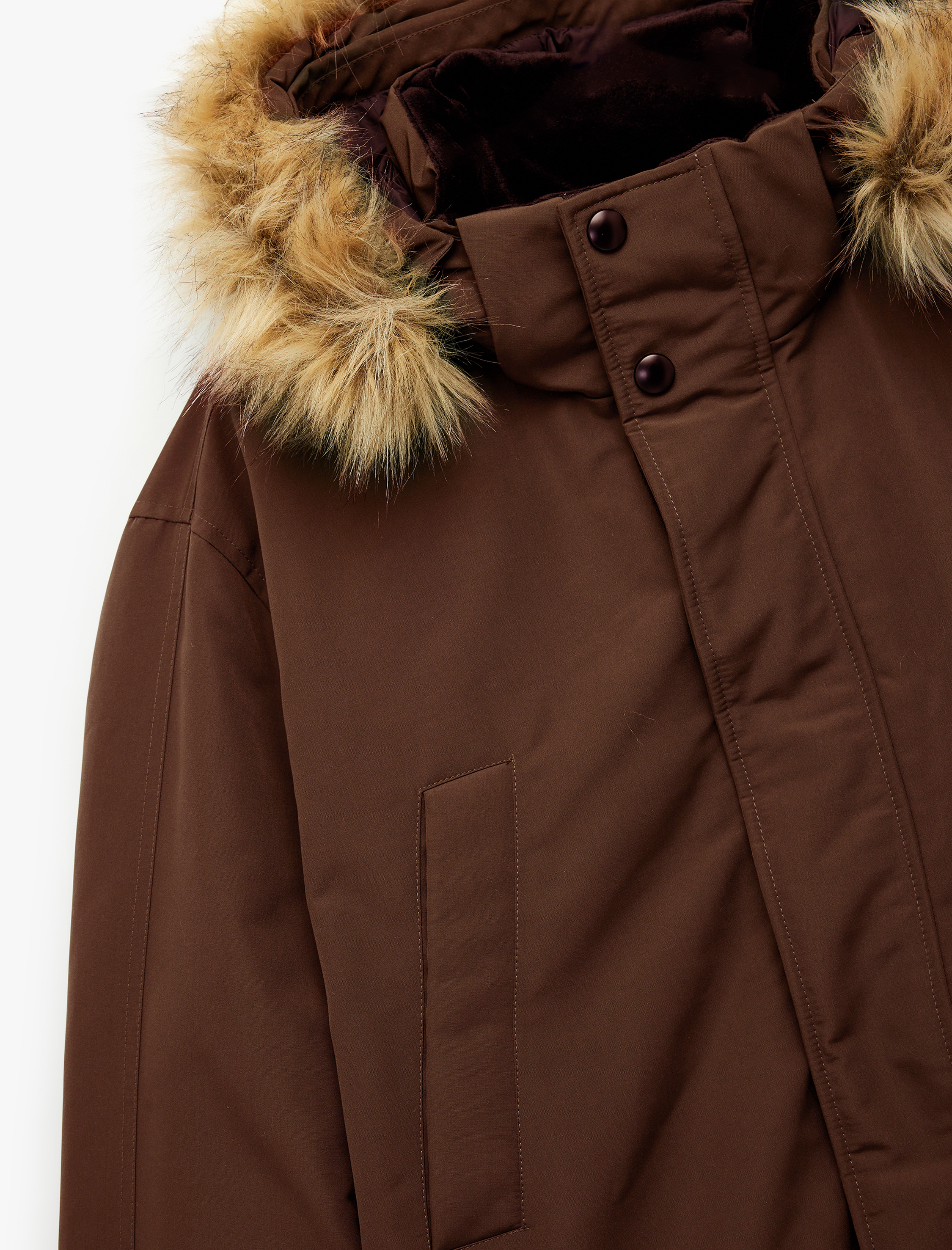   Uzun Kollu Kapaklı Cepli Suni Kürklü Kapşonlu Parka