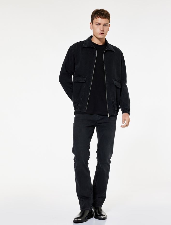  Kapaklı Cepli Regular Fit Pamuklu Gömlek Yaka Fermuarlı Bomber Jean Ceket