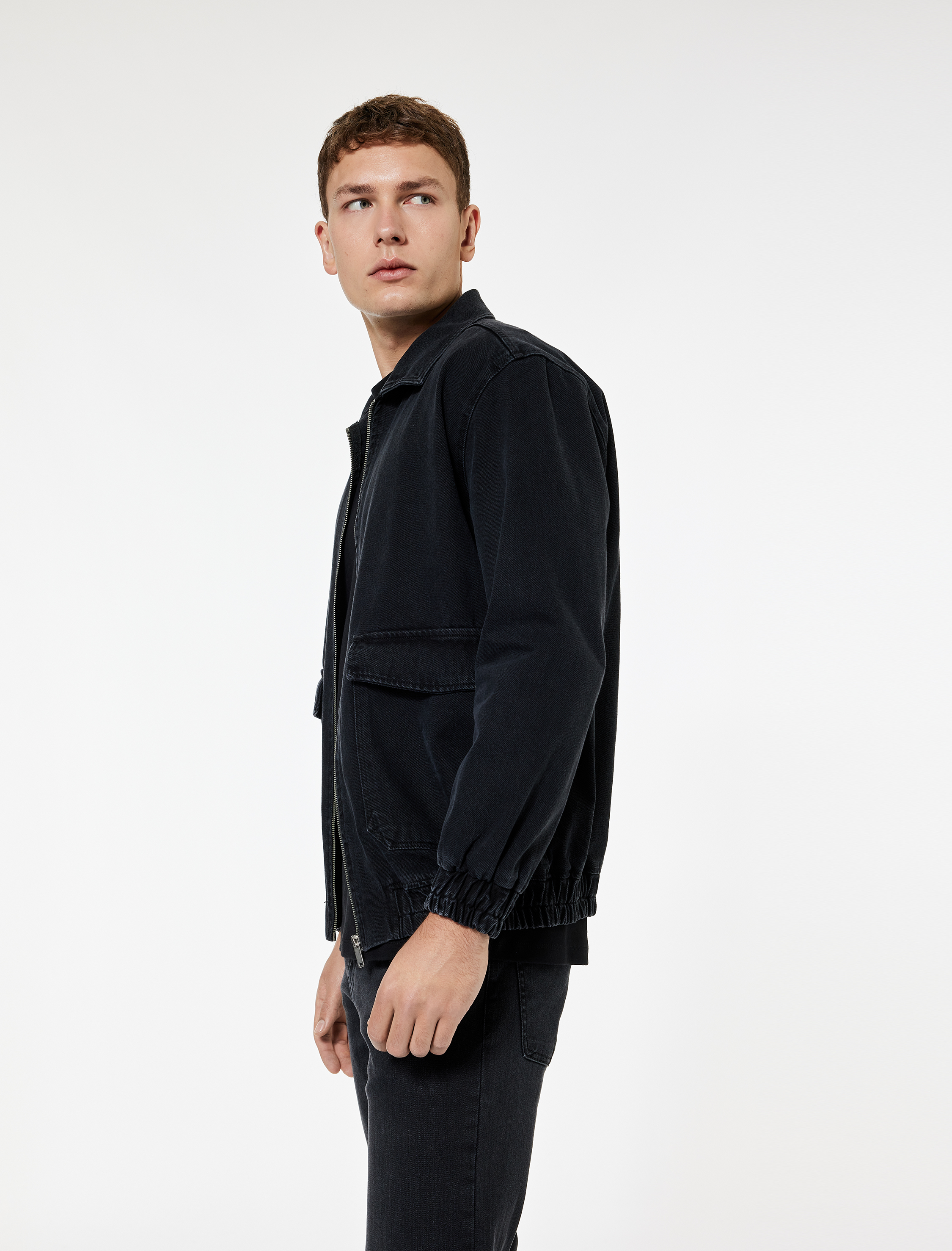   Kapaklı Cepli Regular Fit Pamuklu Gömlek Yaka Fermuarlı Bomber Jean Ceket