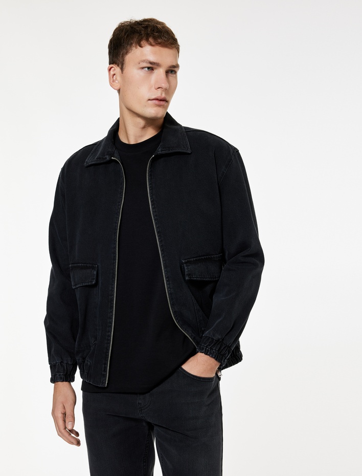  Kapaklı Cepli Regular Fit Pamuklu Gömlek Yaka Fermuarlı Bomber Jean Ceket