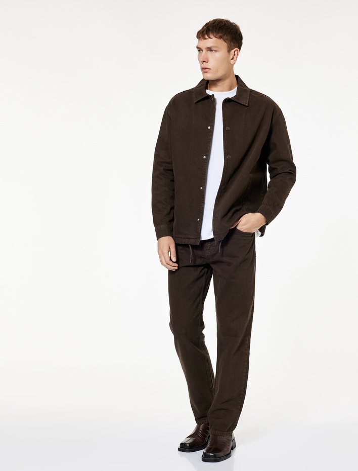  Pamuklu Cepli Bel Detaylı Gömlek Yaka Düğmeli Yıkamalı Oversize Jean Ceket