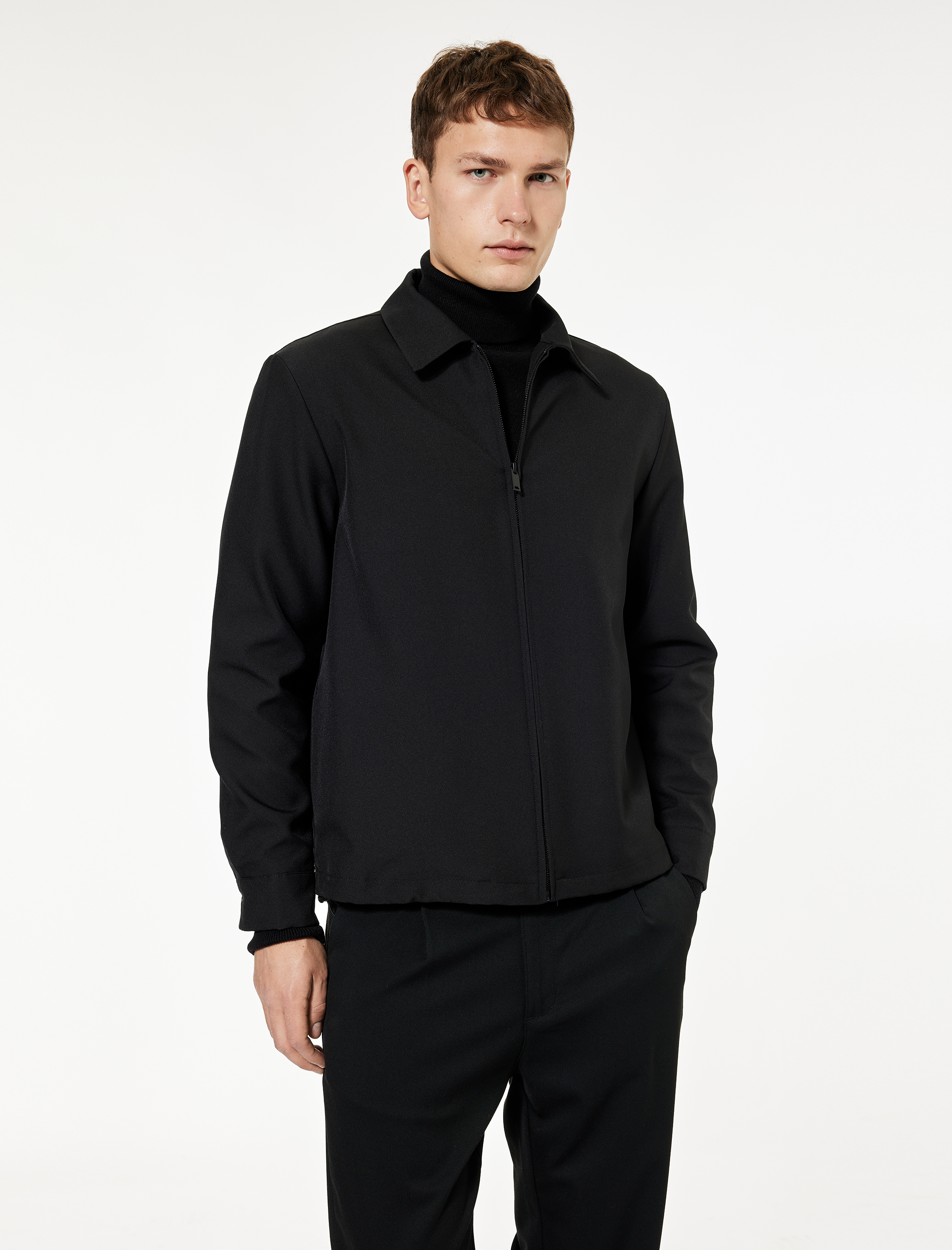   Slim Fit Uzun Kollu Gömlek Yaka Fermuarlı Bomber Ceket