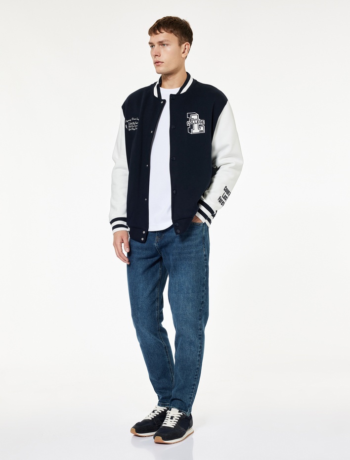  Uzun Kollu Bisiklet Yaka Cep Detaylı Nakışlı Kolej Ceket