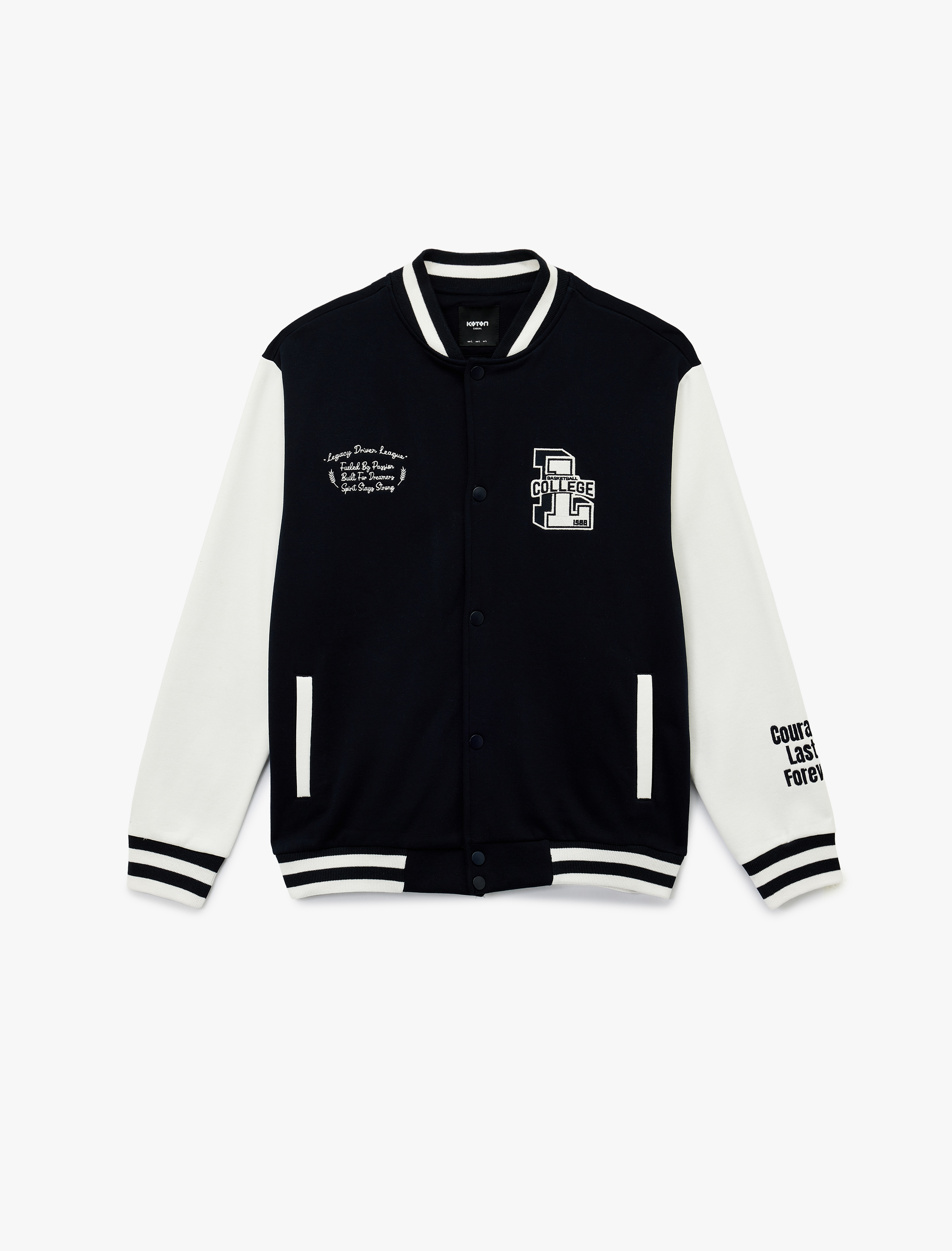   Uzun Kollu Bisiklet Yaka Cep Detaylı Nakışlı Kolej Ceket