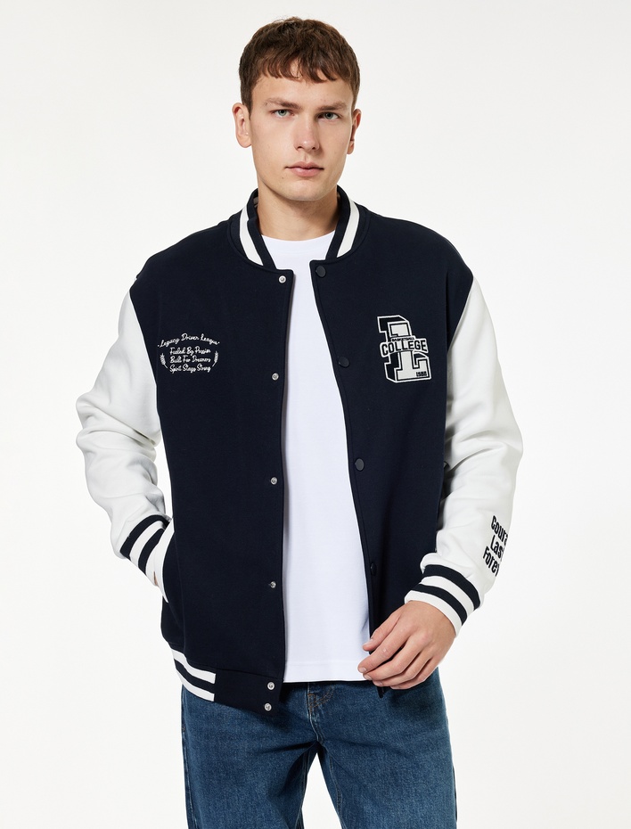  Uzun Kollu Bisiklet Yaka Cep Detaylı Nakışlı Kolej Ceket