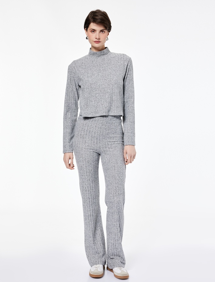  Slim Fit Kaşkorse Uzun Kollu Dik Yaka Crop Tişört