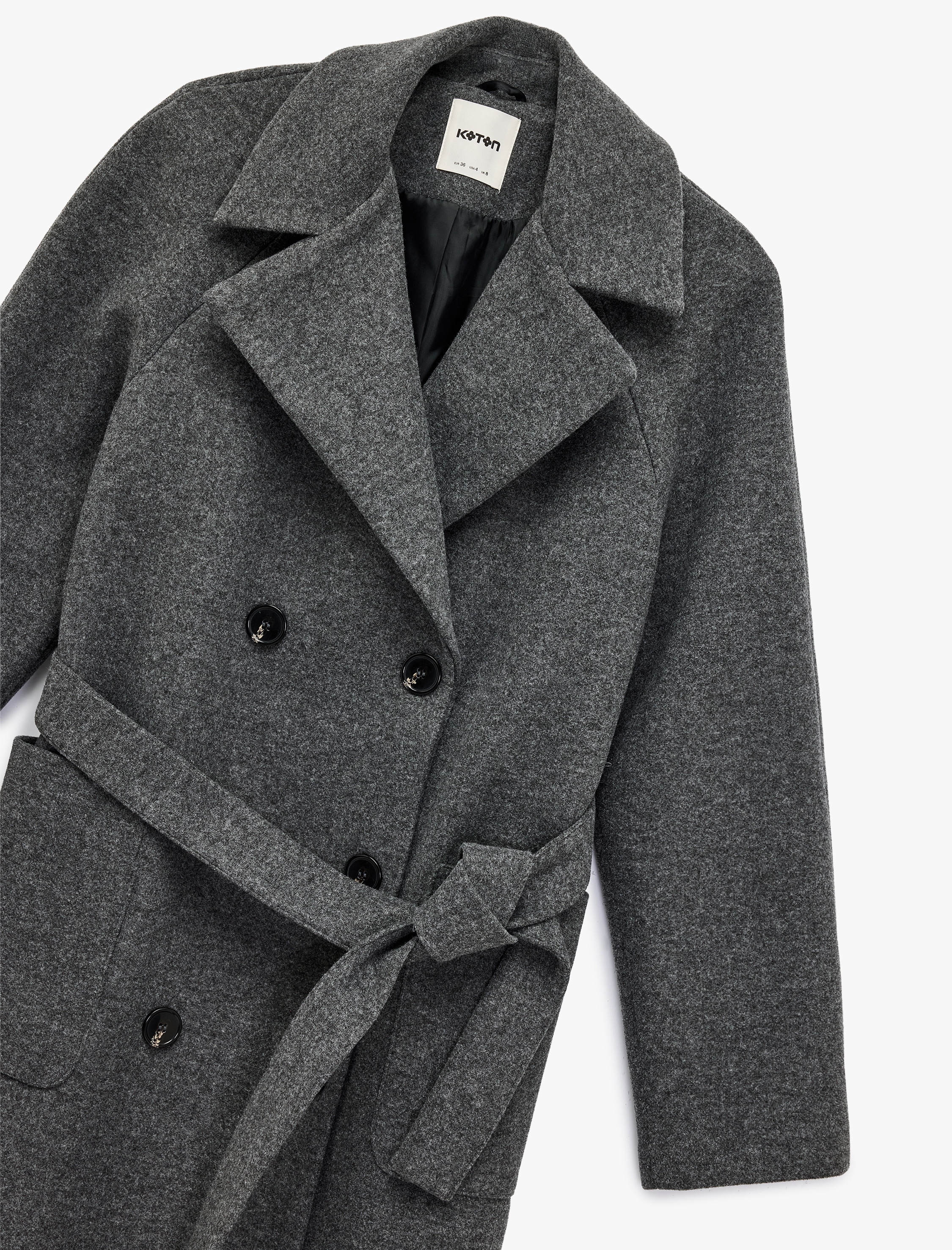   Uzun Kollu Cepli Kruvaze Kemerli Uzun Kaşe Kaban