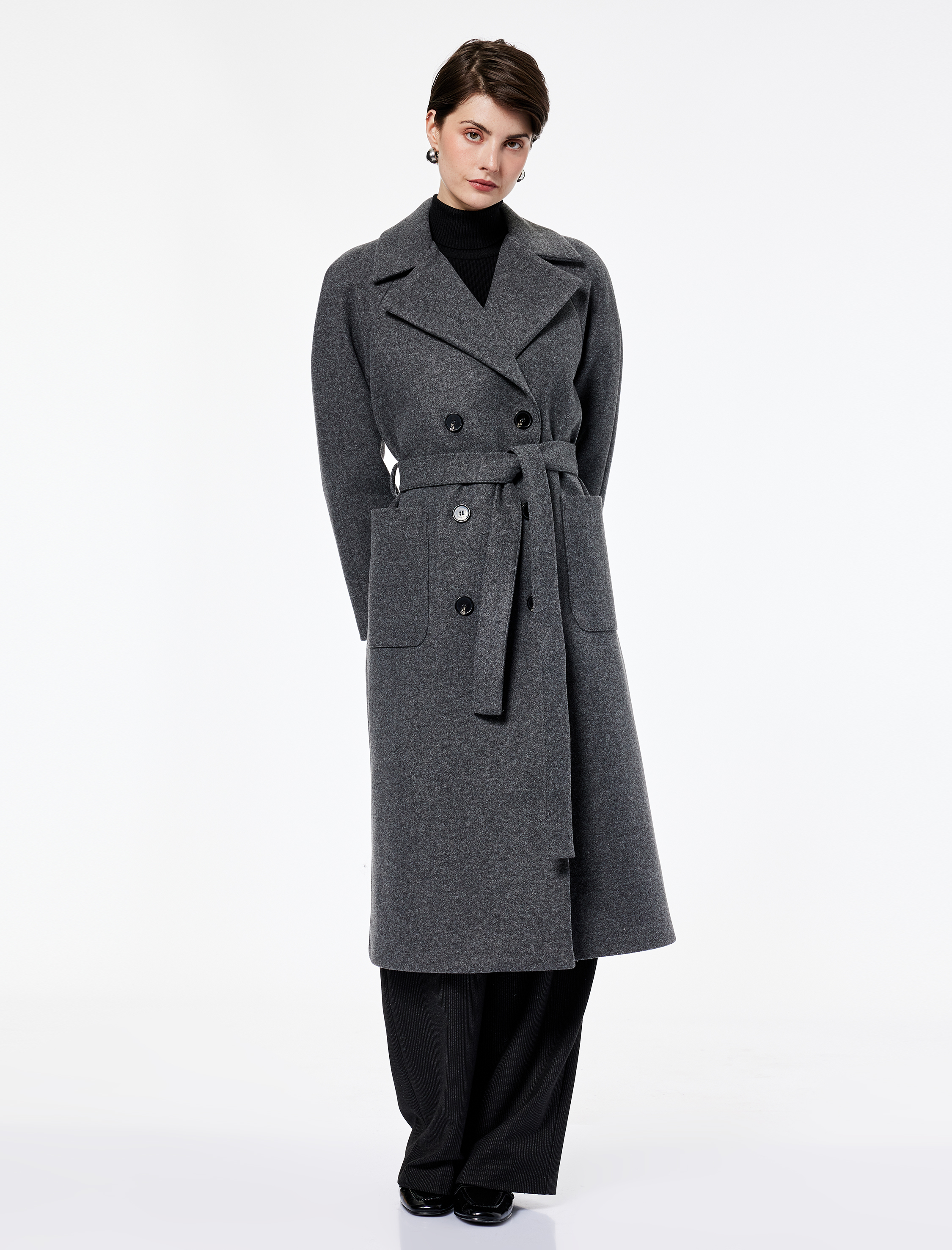   Uzun Kollu Cepli Kruvaze Kemerli Uzun Kaşe Kaban