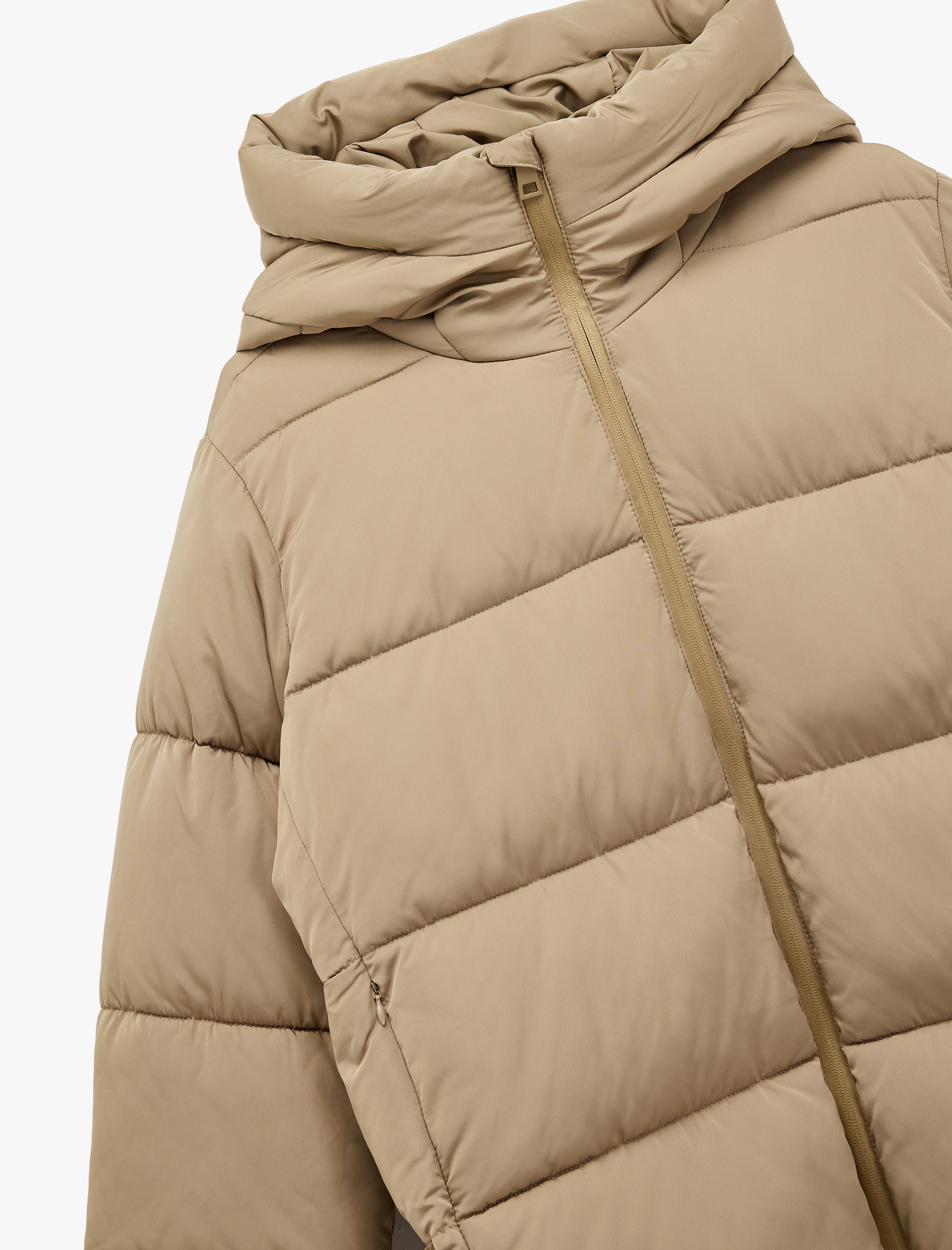   Fermuarlı Uzun Kollu Su İtici Kapüşonlu Oversize Şişme Mont