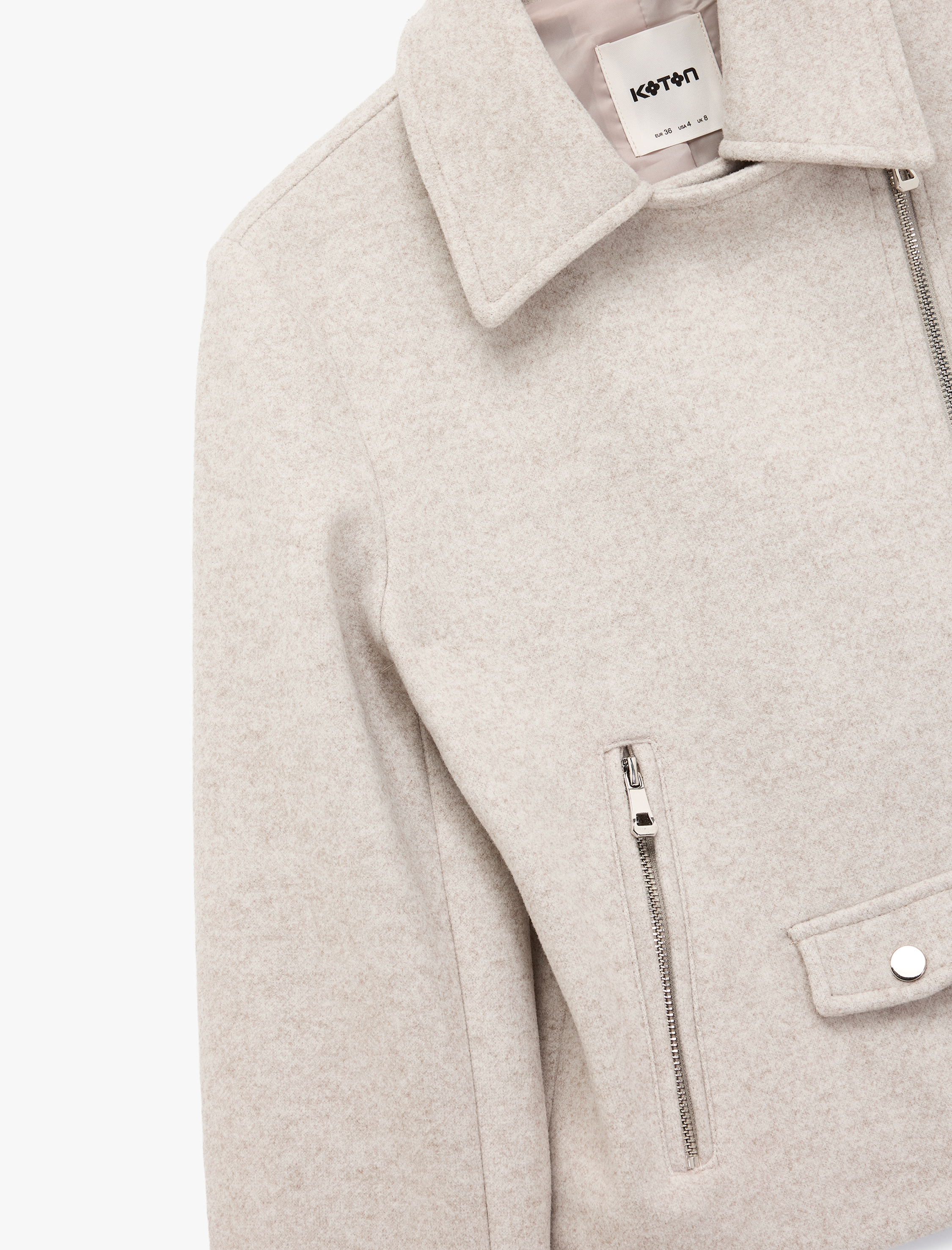   Uzun Kollu Cepli Fermuarlı Crop Kaşe Ceket