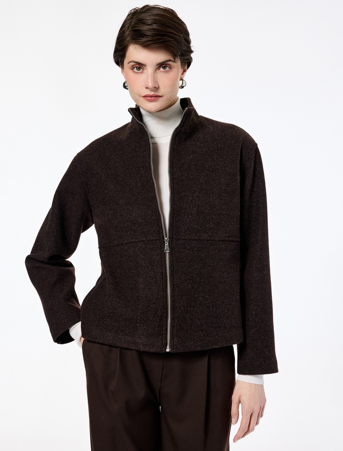  Regular Fit Uzun Kollu Fermuarlı Dik Yaka Kaşe Ceket