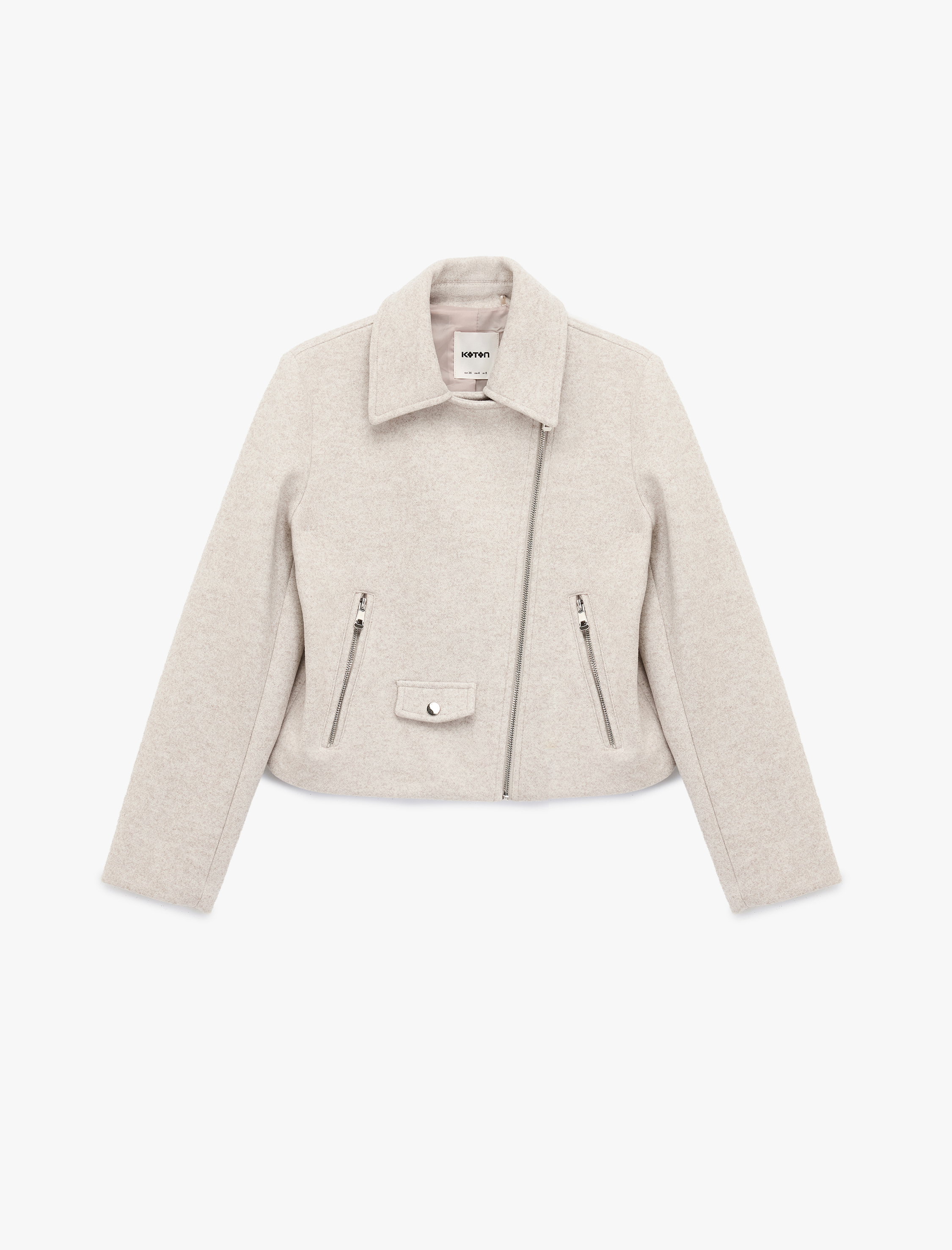   Uzun Kollu Cepli Fermuarlı Crop Kaşe Ceket