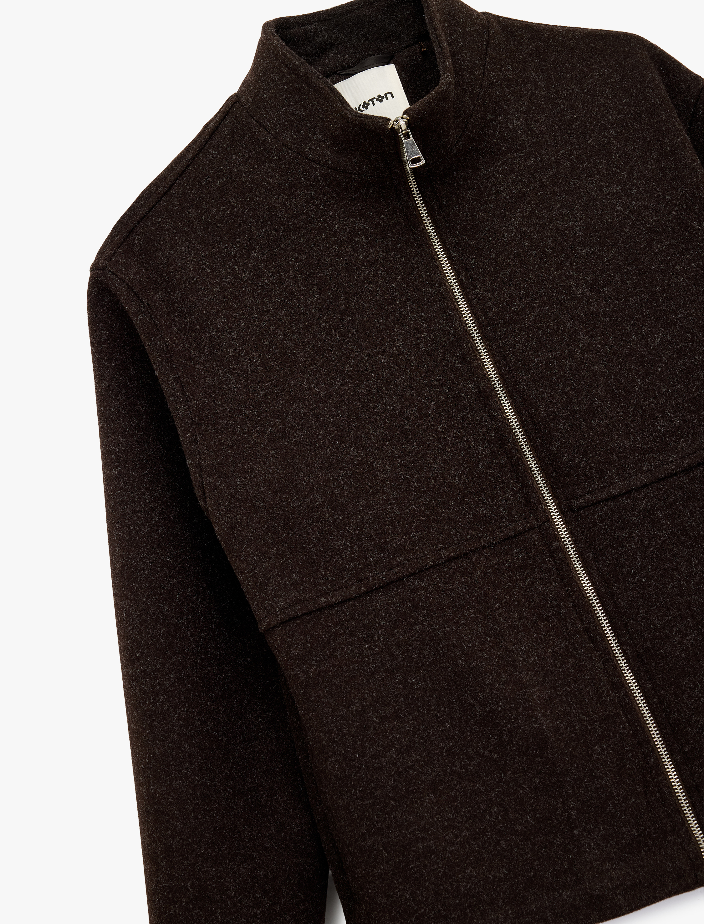   Regular Fit Uzun Kollu Fermuarlı Dik Yaka Kaşe Ceket