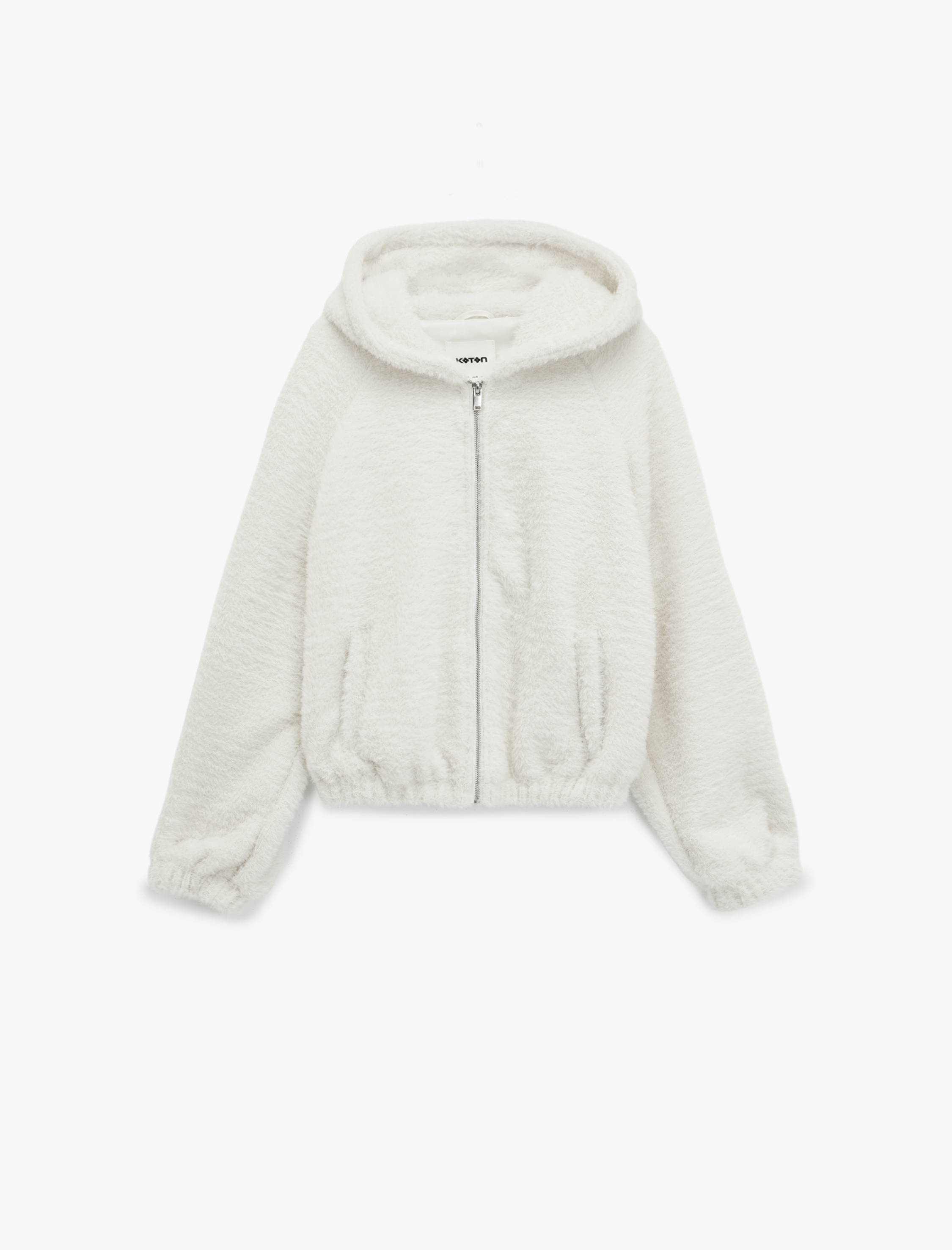 Uzun Kollu Cepli Fermuarlı Kapüşonlu Peluş Ceket