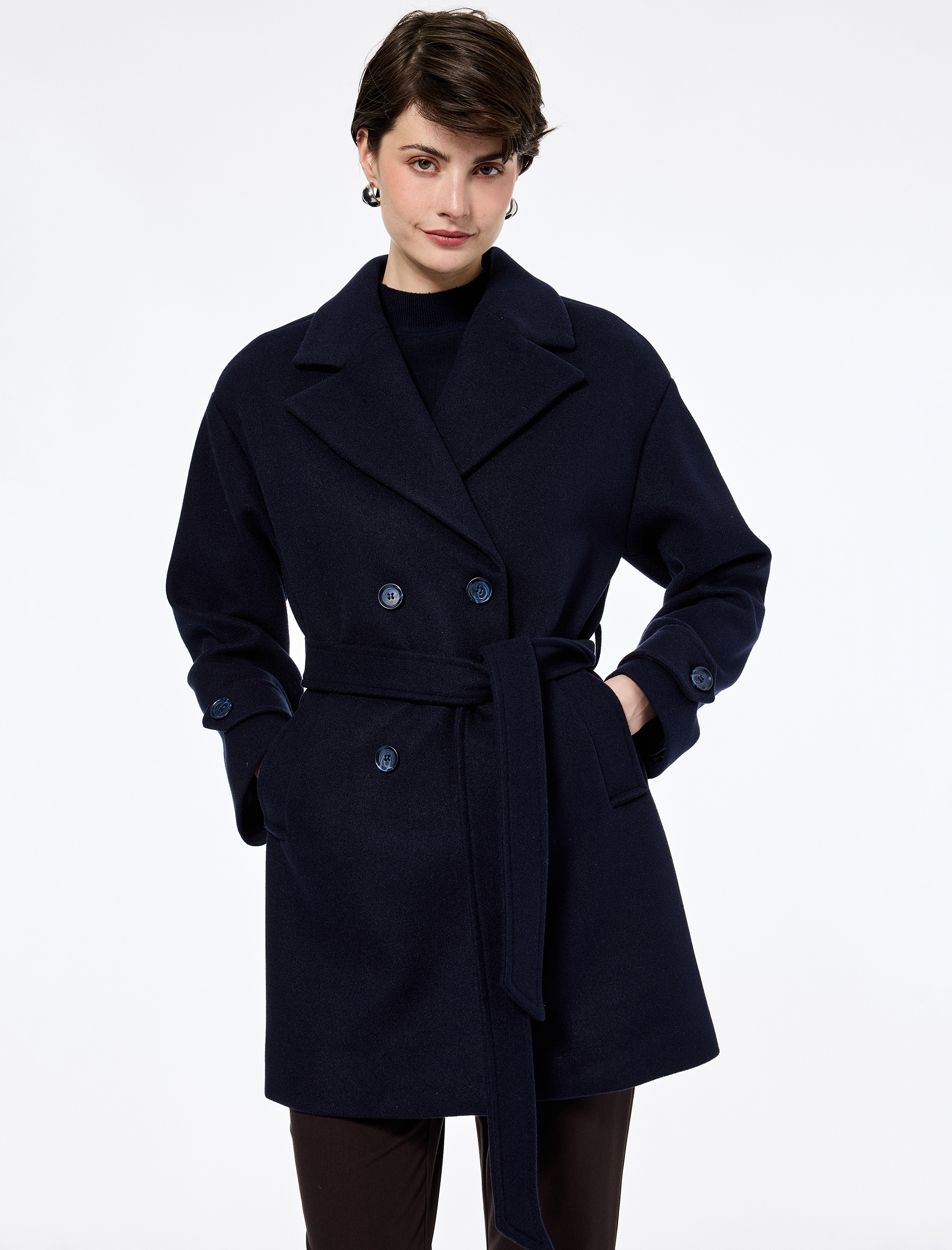   Cepli Kruvaze Uzun Kollu Kemerli Kaşe Kaban