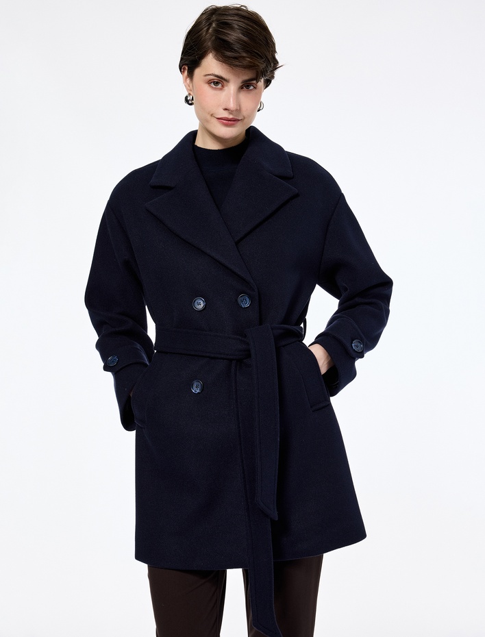  Cepli Kruvaze Uzun Kollu Kemerli Kaşe Kaban