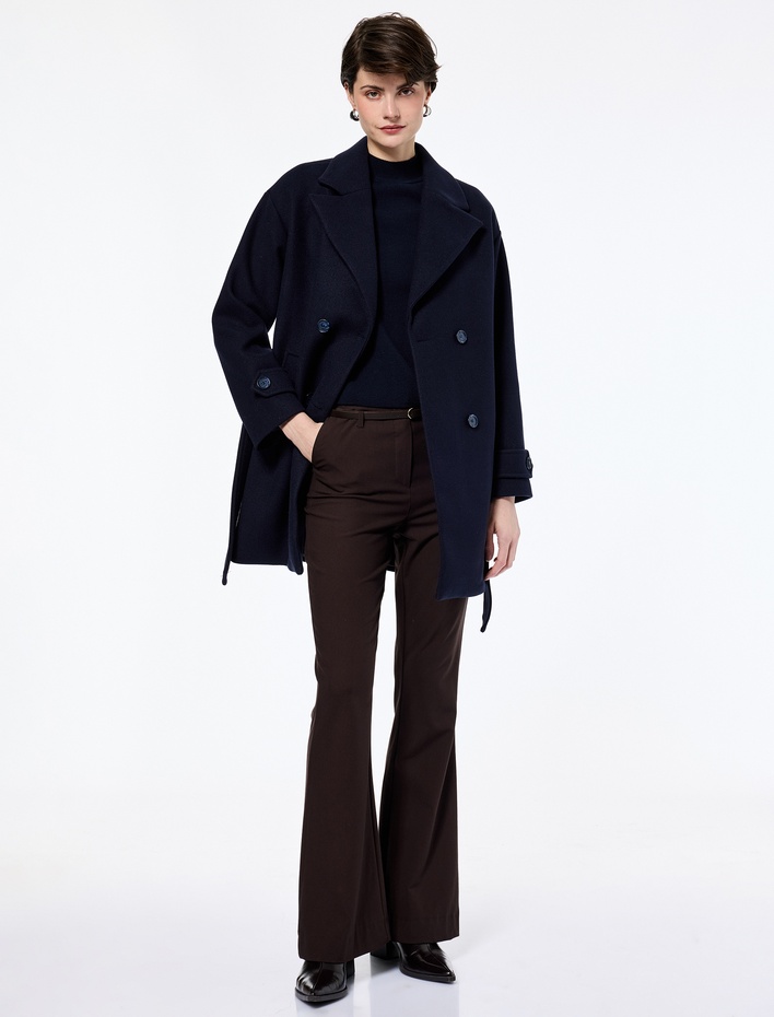  Cepli Kruvaze Uzun Kollu Kemerli Kaşe Kaban