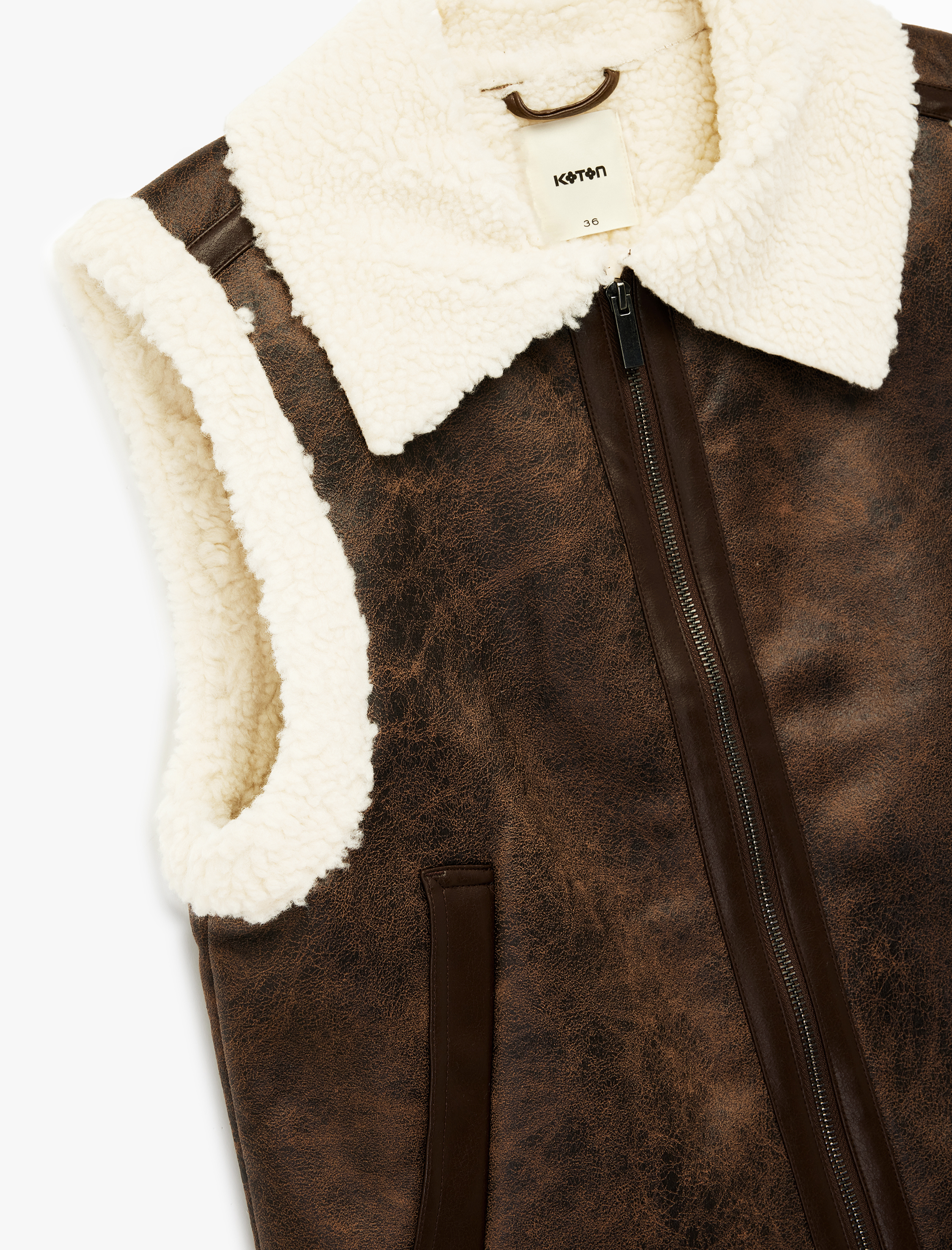   Cepli Fermuarlı Yakası Peluş Detaylı Suni Deri Yelek