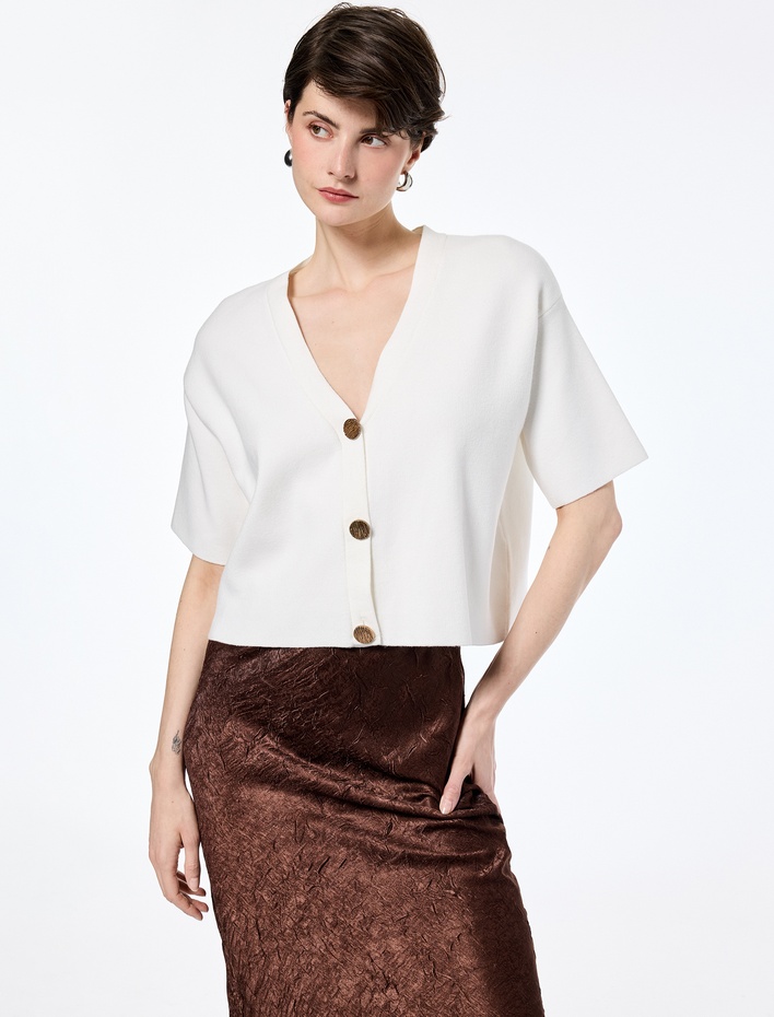  V Yaka Düğmeli Kısa Kollu Oversize Triko Hırka