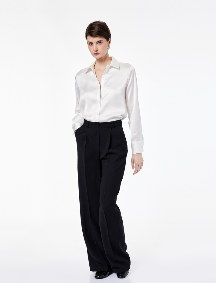  Bol Kalıp Düğmeli Klasik Yaka Uzun Kollu Saten Gömlek