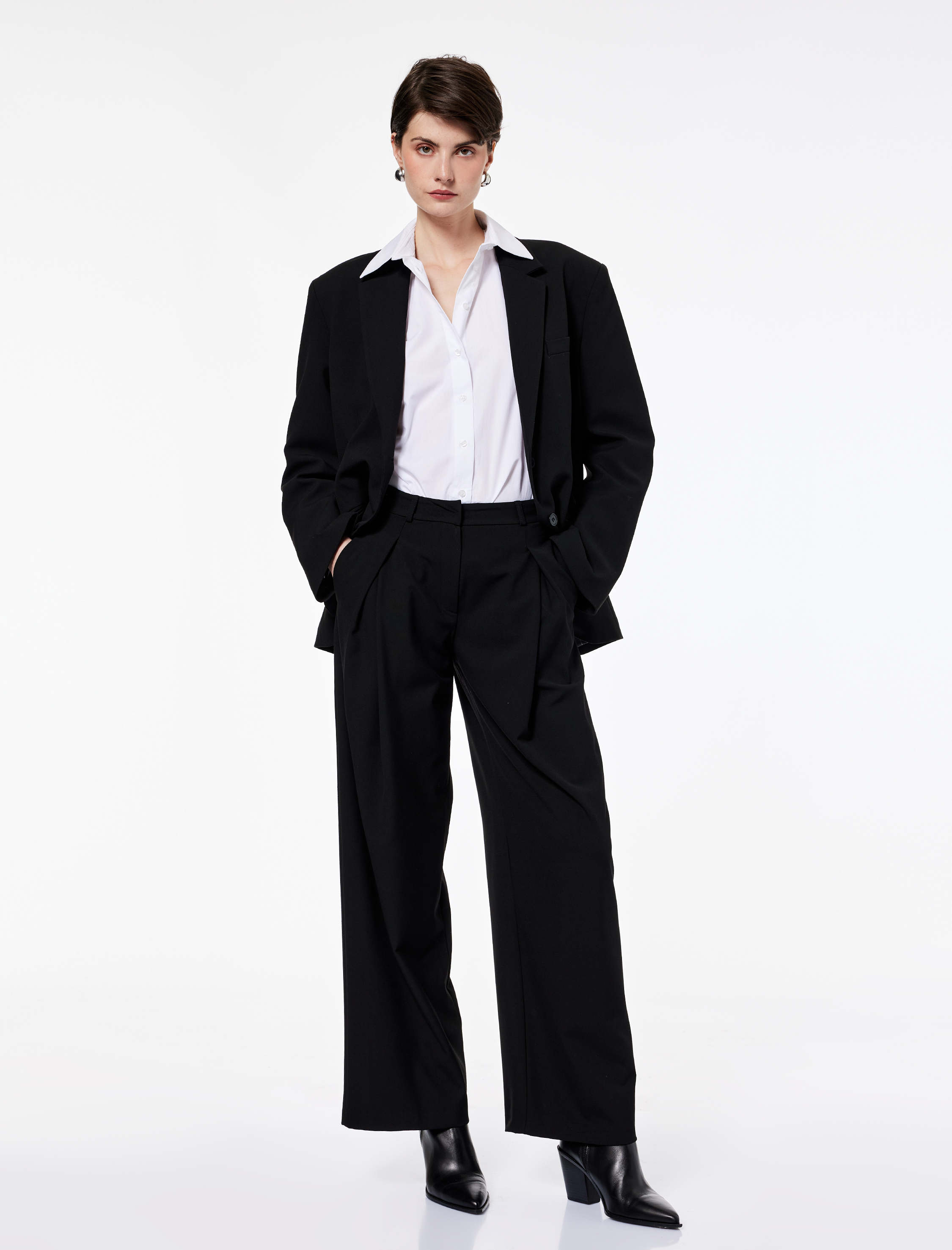   Cepli Pile Detaylı Geniş Paça Kumaş Palazzo Pantolon