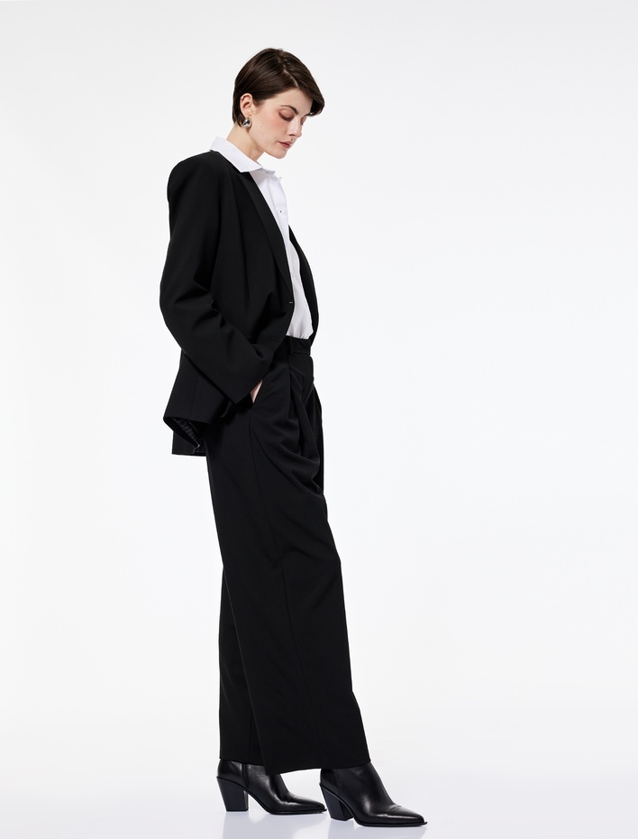  Cepli Pile Detaylı Geniş Paça Kumaş Palazzo Pantolon