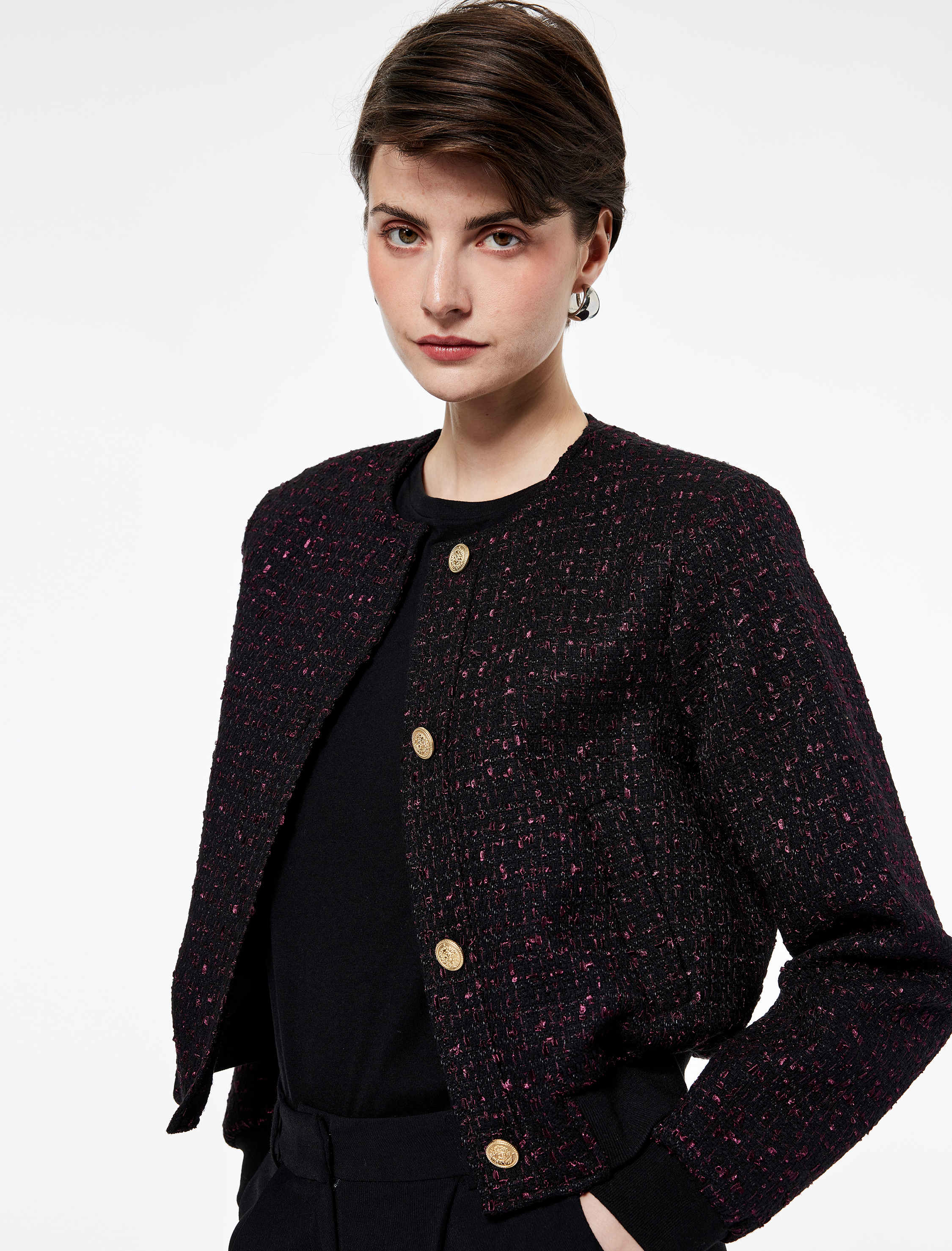   Düğmeli Bisiklet Yaka Uzun Kollu Tüvit Ceket