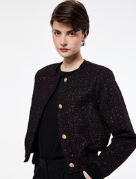 Düğmeli Bisiklet Yaka Uzun Kollu Tüvit Ceket