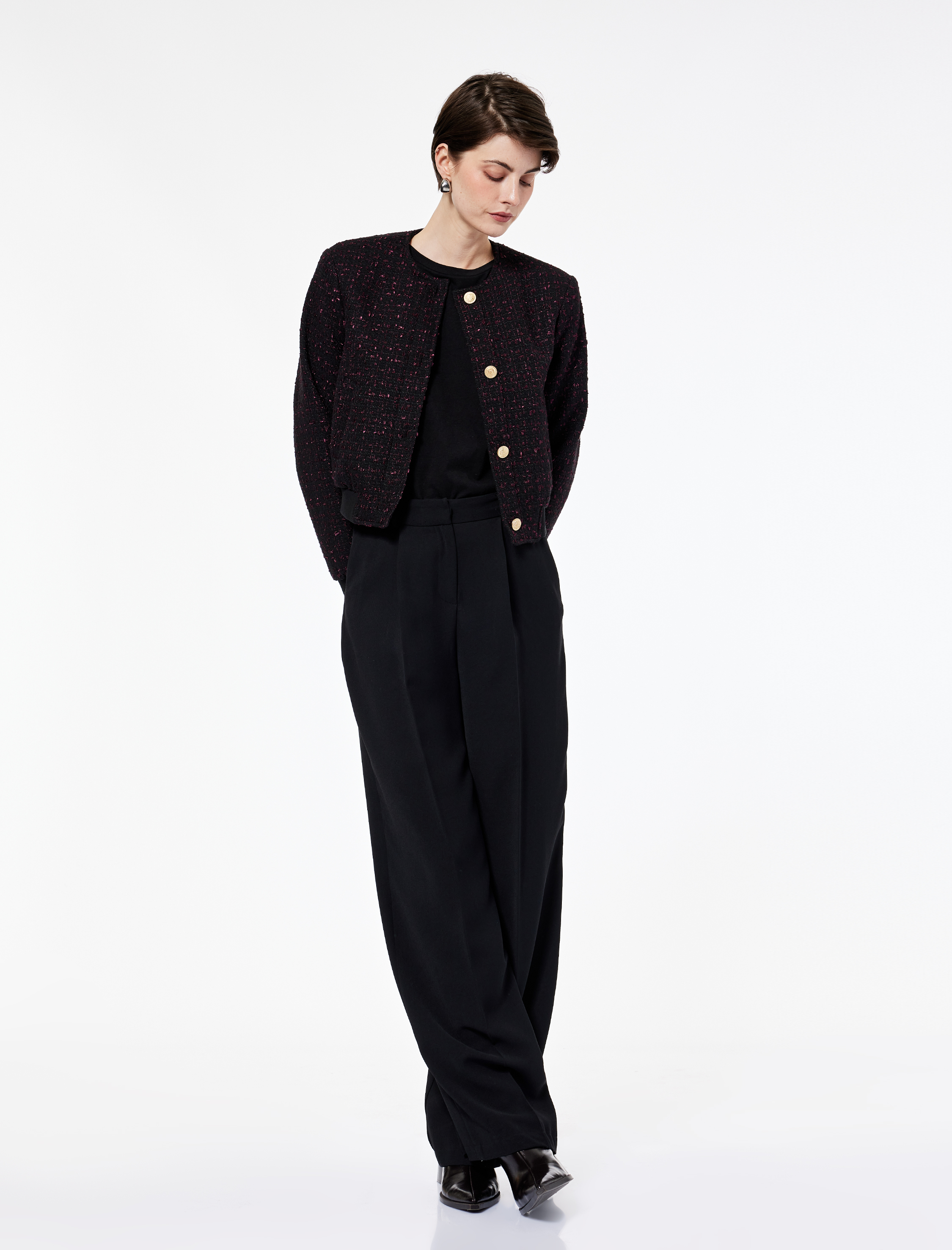   Düğmeli Bisiklet Yaka Uzun Kollu Tüvit Ceket