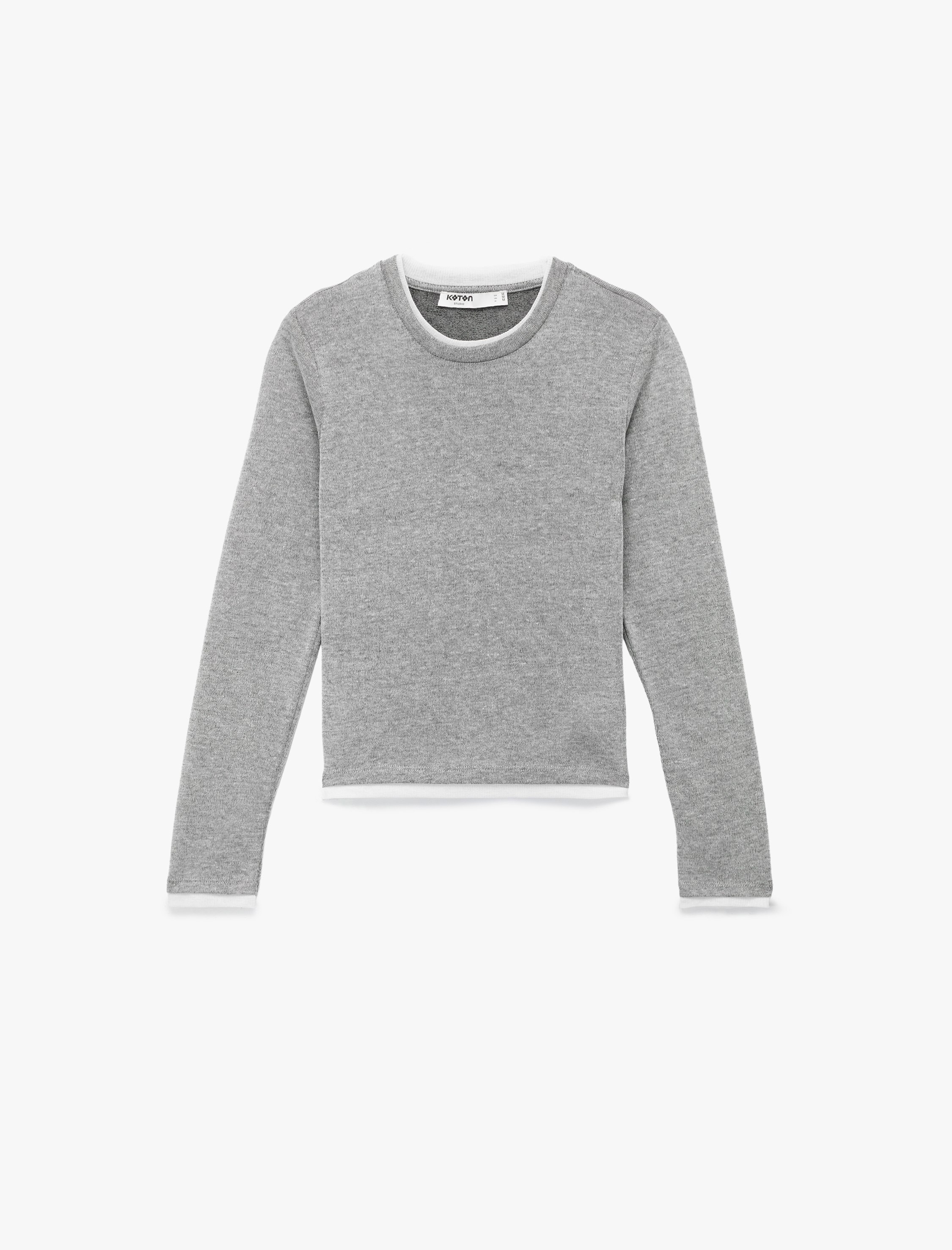   Regular Fit Kontrast Detaylı Uzun Kollu Bisiklet Yaka Tişört