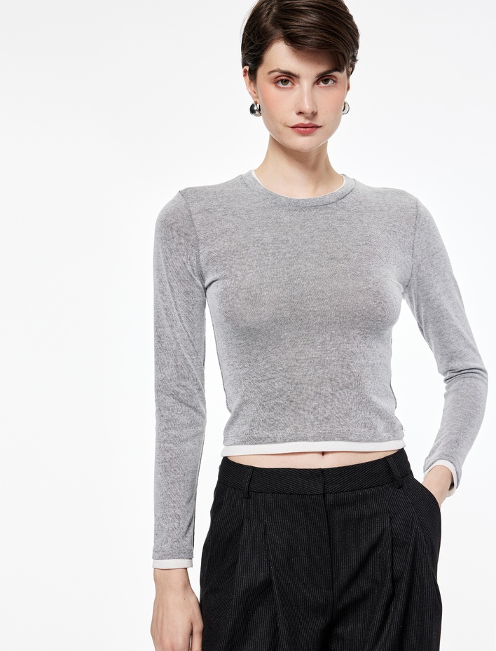  Regular Fit Kontrast Detaylı Uzun Kollu Bisiklet Yaka Tişört